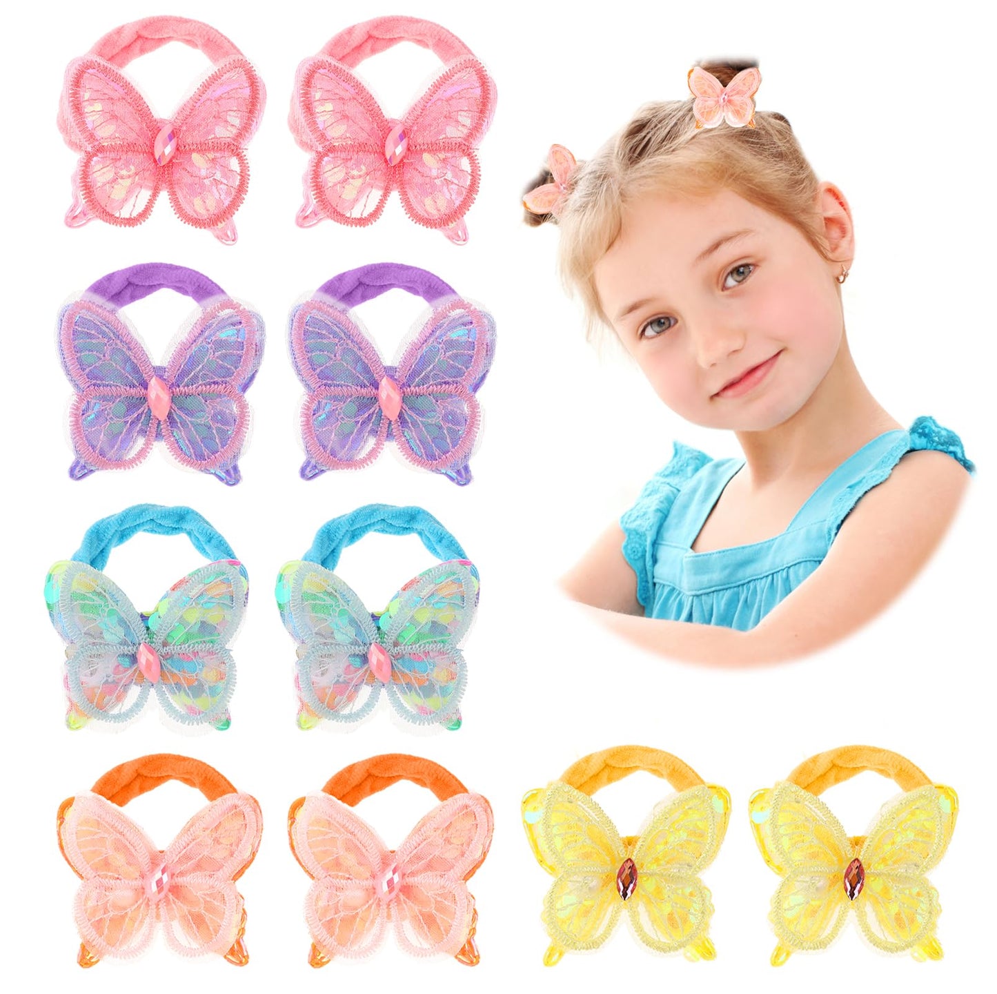 Jeffdad Baby Hair Ties for Girls, 10pcs Soft Seamless Bows and Flowers Toddler Elastic Hair Bands Ponytail Holder for Baby Girls Infants Kids Hair No Damage Accessories(Butterfly)