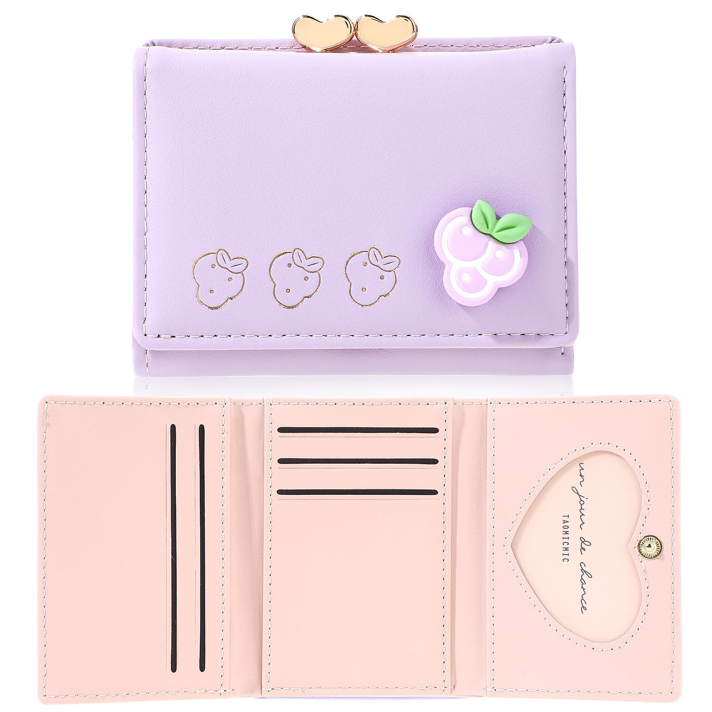 cobee Cute Leather Wallet for Women, Fruit Credit Card Holder Bag with Coin Pocket ID Window Small Trifold Wallet Snap Card Case(Purple)