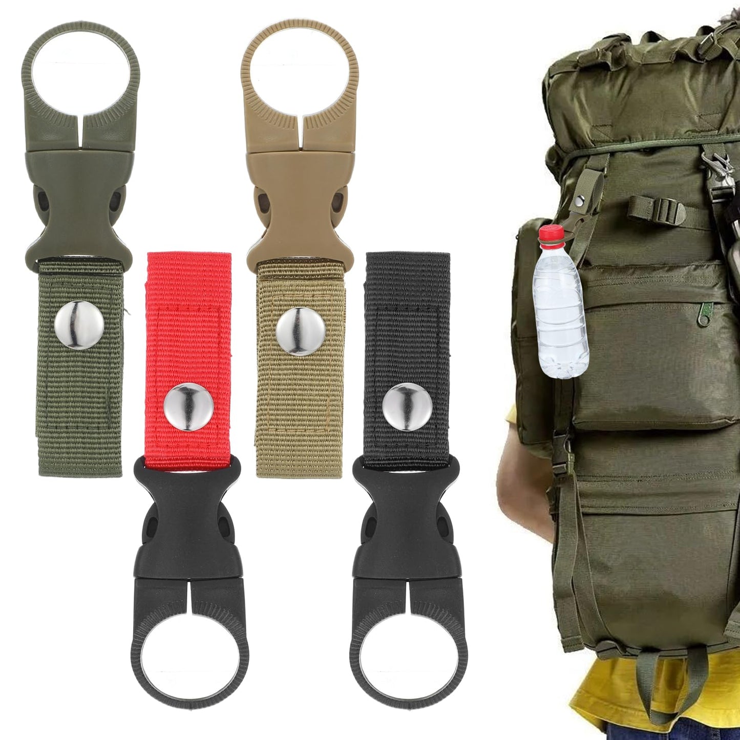 Yuanchu Nylon Belt Bottle Holder Clips, Pack of 4 Water Bottles Buckles Holder Hook Backpack Carabiner Drink Holder Water Bottle Buckles for Camping Hiking Travel Fishing Outdoor Activities