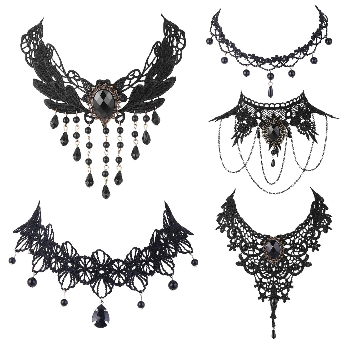 Cobee Halloween Lace Necklace, Retro Gothic Women Choker Black Lace Cosplay Neck Chain Vintage Punk Cosplay Vampire Jewelry for Women Halloween Costumes Accessories (5 Pcs)