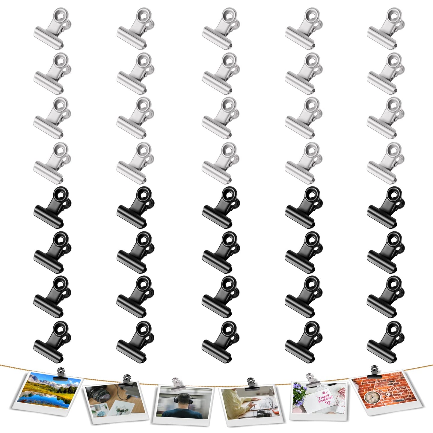 cobee Metal Hinge Clips, 40pcs Metal Clips, Bulldog Clips for Paper Organizers, Photo Wall Decoration, Home, and Office Decoration, 0.9 Inch(Black+Silver)