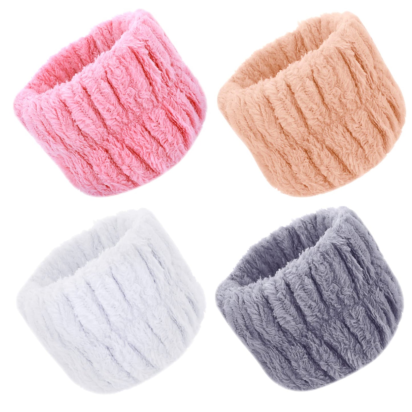 Cobee Spa Wrist Washband, 4 Pcs Coral Fleece Facial Washing Wristbands Microfiber Wrist Wash Towel WristBand Headbands for Washing Elastic Hair Band for Shower Sports Makeup(Pink, White, Gray, Khaki)