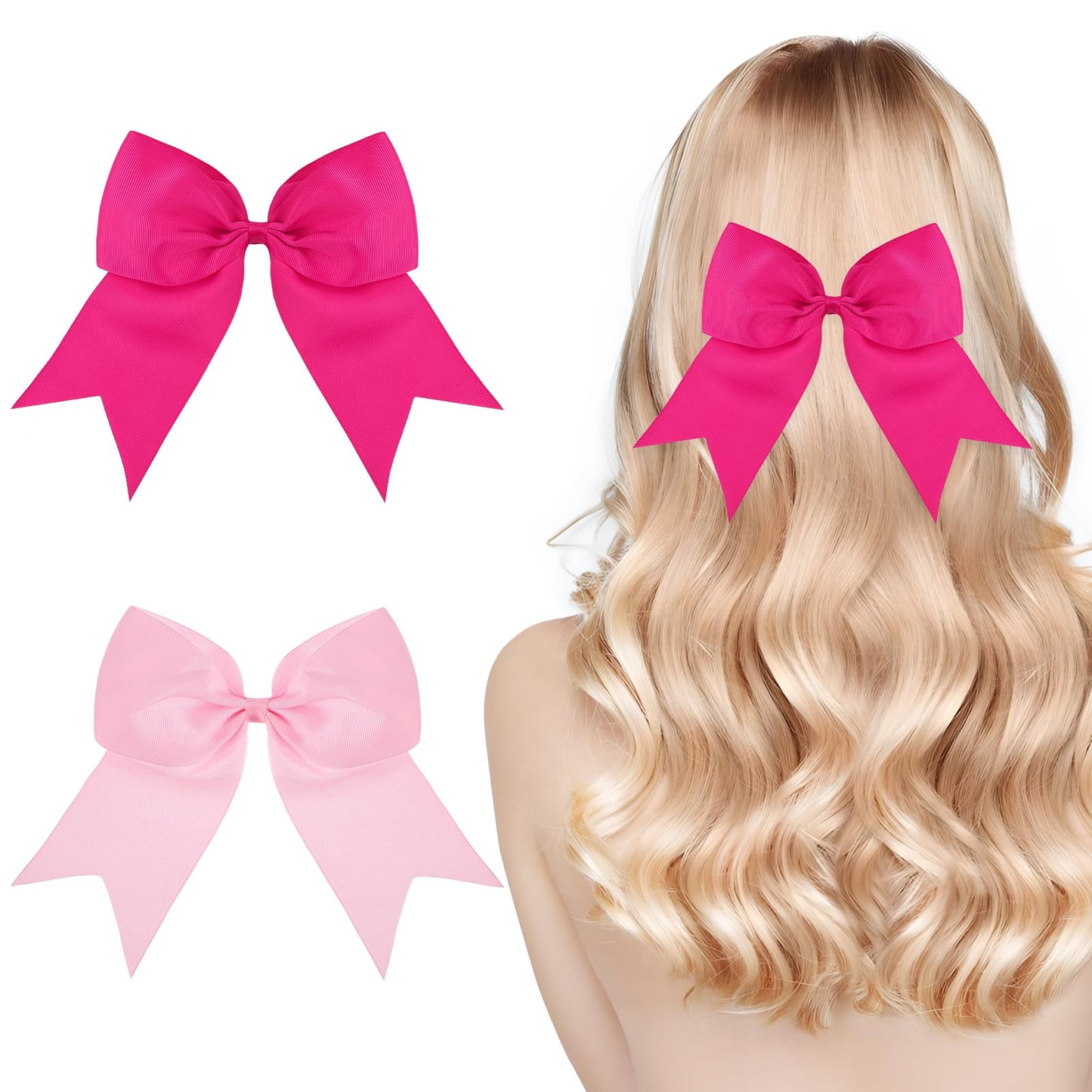 Amabro 2 Pcs Bow Hair Clip, 8 Inch Big Satin Hair Bow Barrettes Cute Long-tail Hairpin Large Bowknot Ribbons Claw French Ponytail Holder Hair Decorations Accessories for Women Girls(Red, Pink)