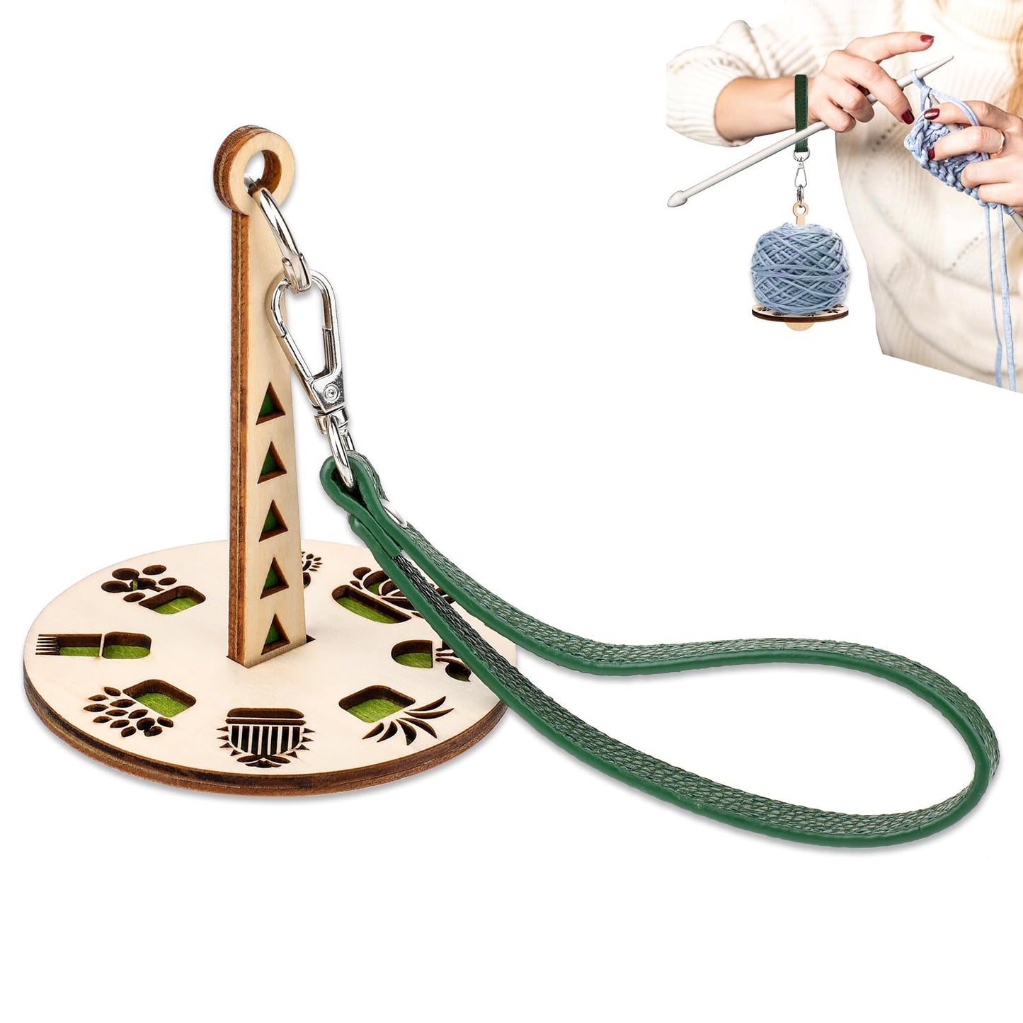 Molain Wrist Yarn Holder, Portable Yarn Ball Minder Stand with Leather Wristband Yarn Minder Yarn Storage Wooden Yarn Holder for Knitting Crocheting Craft Lover (Green)