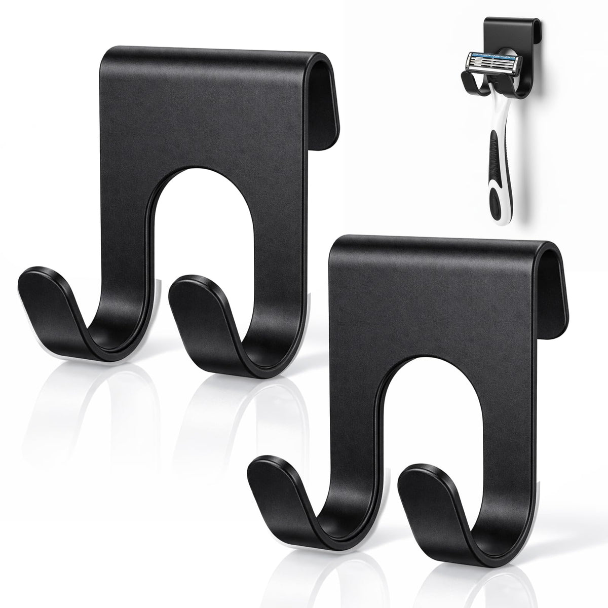 SHENLIU Pack of 2 Razor Holder Shower, Stainless Steel Shaving Holder Shower No Drilling Self-Adhesive Razor Holder Shower Waterproof Shaving Hook Razor Holder for Bathroom Kitchen Wall (Black)