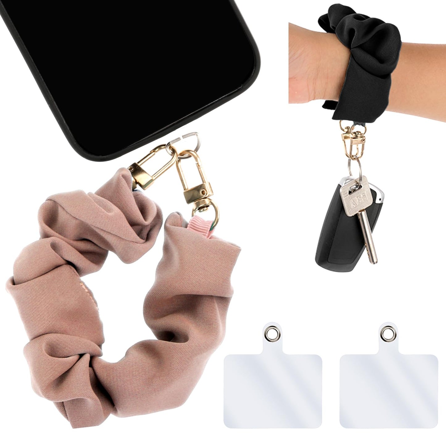 TIESOME Scrunchie Phone Wrist Strap, 2 Pcs Detachable Large Intestine Phone Chain Cell Phone Lanyard Multifunctional Hair Band Keychain with 2 Transparent Cards for Women Girl Gift(A)
