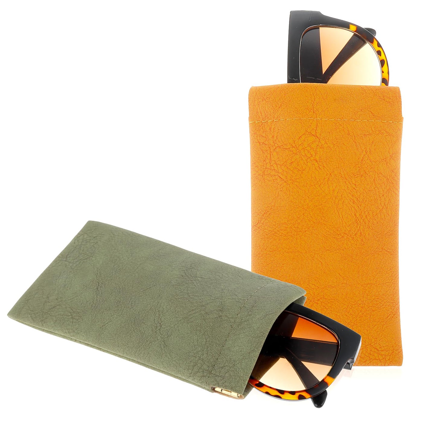cobee Soft Leather Sunglass Pouch, Portable Squeeze Top Eyeglass Case Travel Sunglasses Bag Glasses Storage Case Makeup Pouch Eyewear Case for Men Women, 2 Pack(Green, Orange)