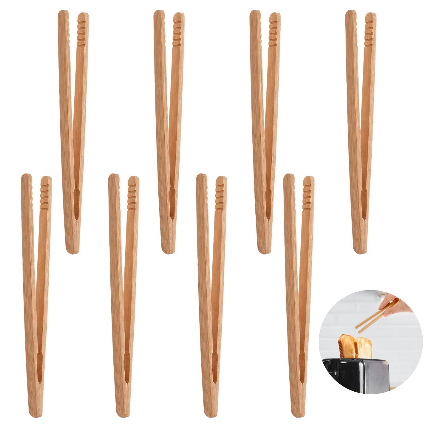 Molain 8Pcs Bamboo Toast Tongs, 7" Long Reusable Kitchen Utensil Tongs with Anti-Slip Design for Toaster Fruits Salad Pasta Grilling and BBQ(Wood 1)