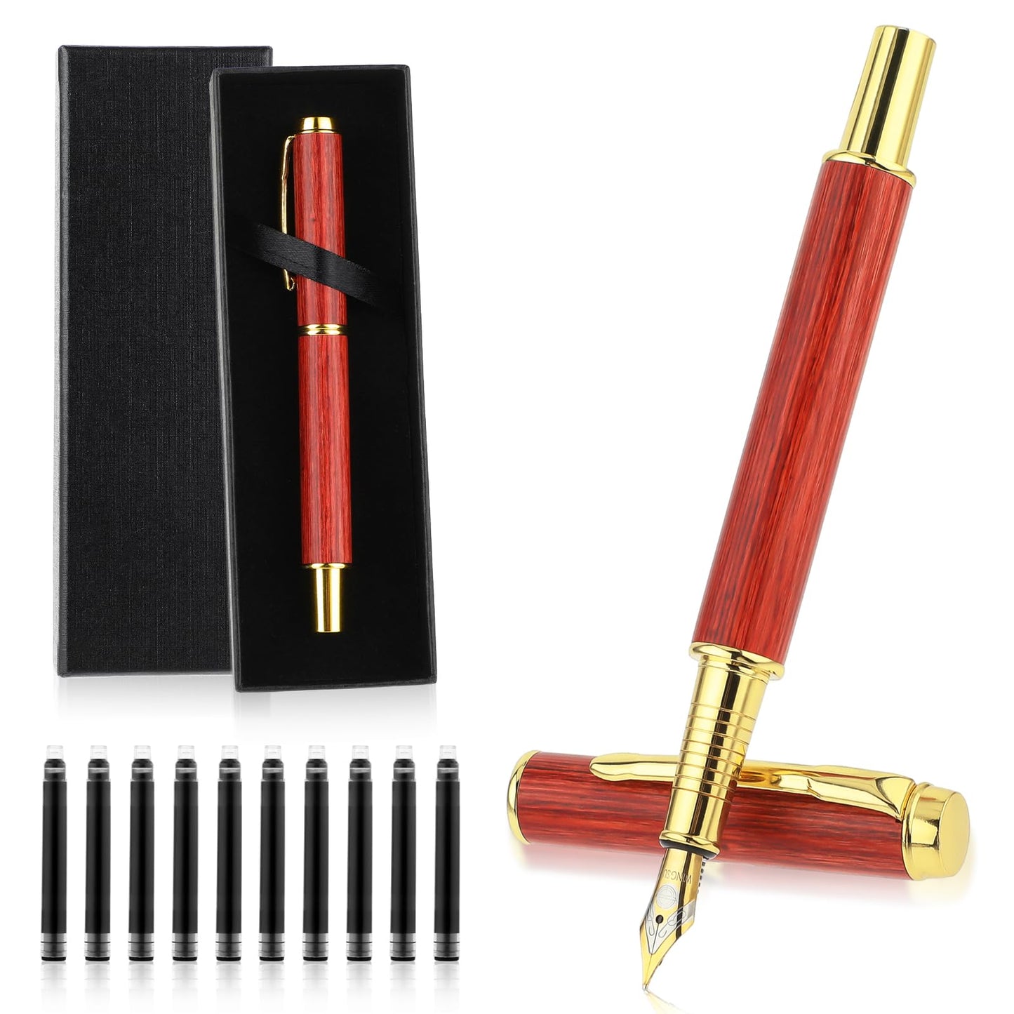 GEEHUA Wooden Fountain Pen Set, 0.5mm Fine Nib with Gift Box and 10PCS 2.6mm Ink Cartridges Business Retro Wood Fountain Pen Smooth Writing Calligraphy Pen for Signature Journal Office(Red-brown)
