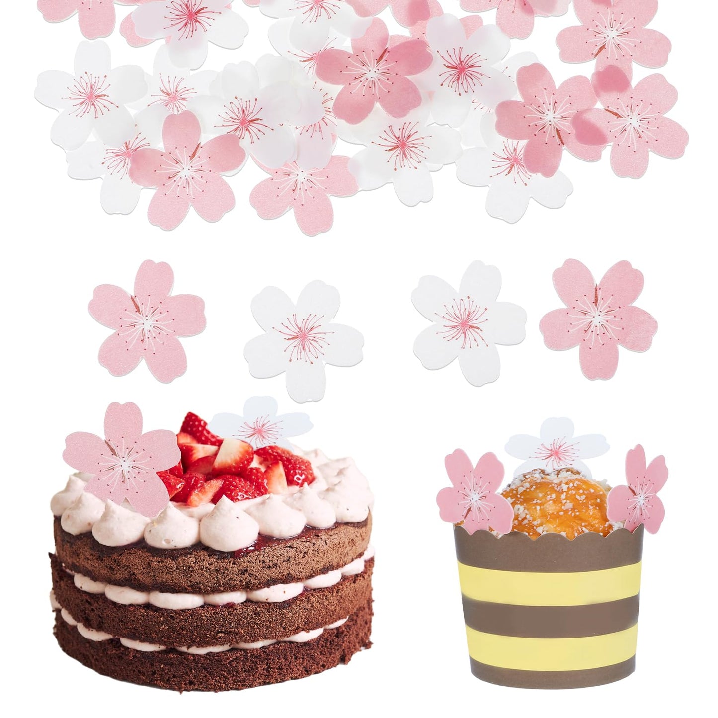 Giantree 60 Pcs Edible Cherry Blossoms for Cake Decorating, Delicate Flowers Cake Topper Edible Flowers Cupcake Deco for Wedding Birthday Anniversary Flower Themed Party Decorating Princess Games