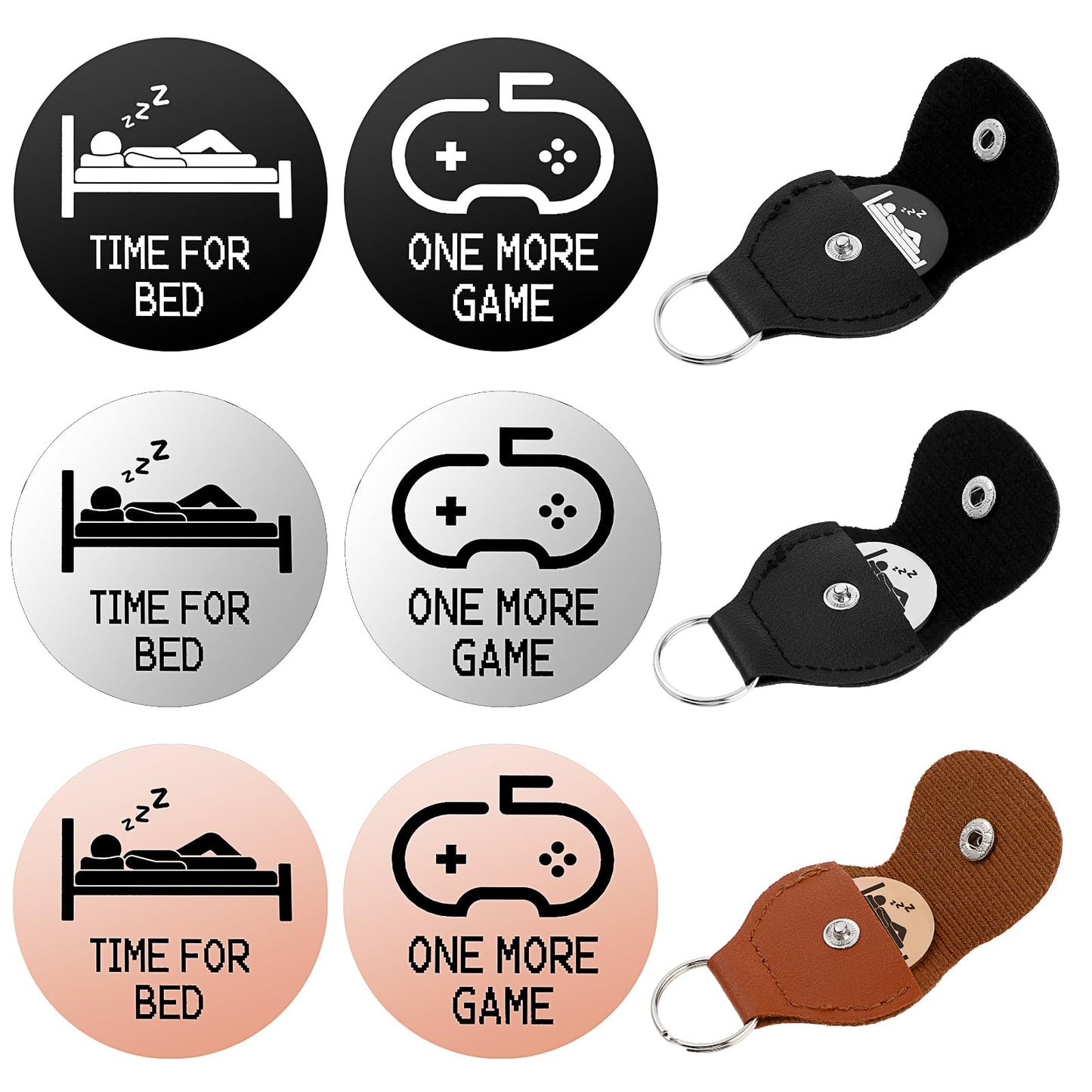 Amabro Funny Decision Coin, Double-Sided Decision Maker Destiny Flip Coins Gifts Token with Leather Keyring ONE MORE GAME TIME FOR BED for Games Lover Gamer Boys Girls Gifts(Black, Silver, Gold)