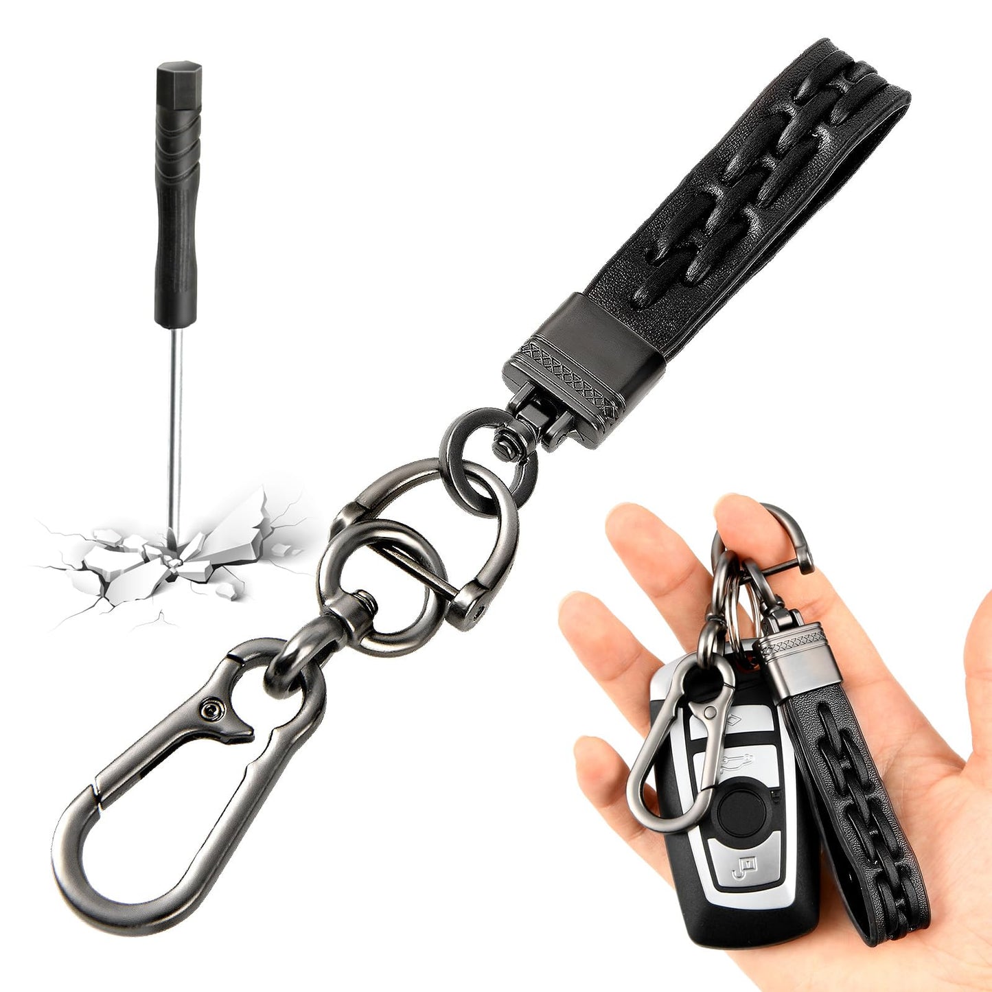 TIESOME Woven Car Key Chain, Handmade Microfiber Leather Auto Keychain 360 Degree Rotatable Key Fob Holder Anti-lost D-ring(Black)