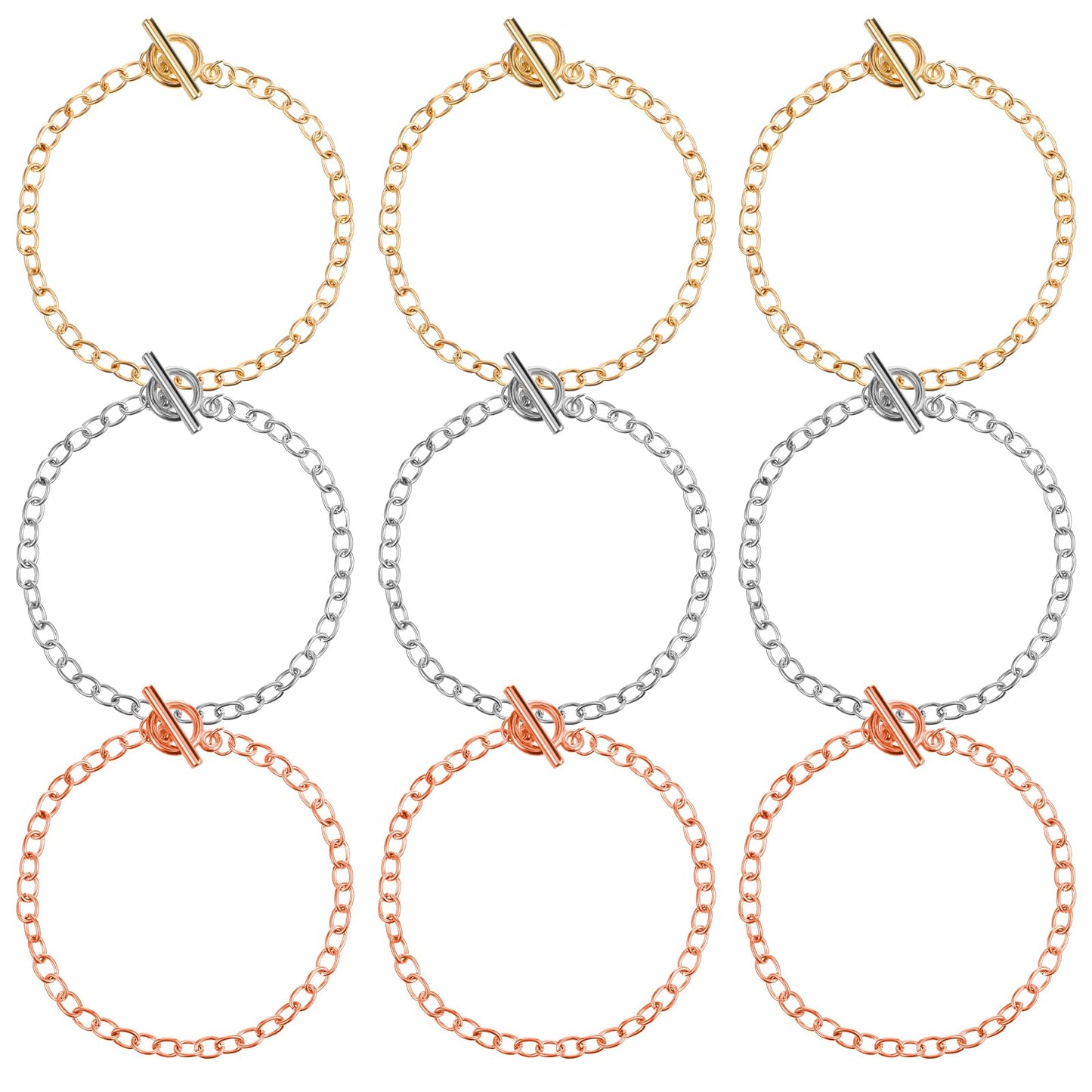 Yuanchu 9 Pcs Bracelet Chains for Jewelry Making, Gold Silver Black Chain Bracelet for Women Men Link Chain Bracelets with OT Toggle Clasp Charm Bracelets for Jewelry Making Gifts