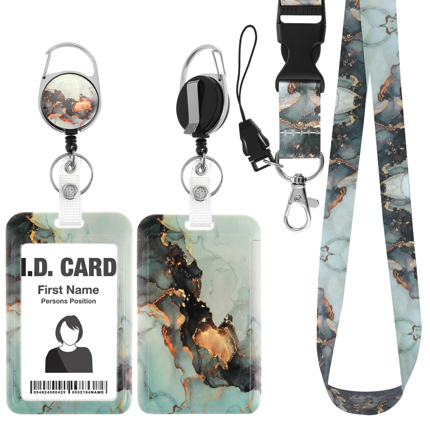 Marble Print Badge Holder, Worker Badge Holder Retractable Badge Reel Clip with Breakaway Lanyard Vertical Card for Nurse Doctor Office School Teacher Name Credit Card Pocket (Black, Gold)