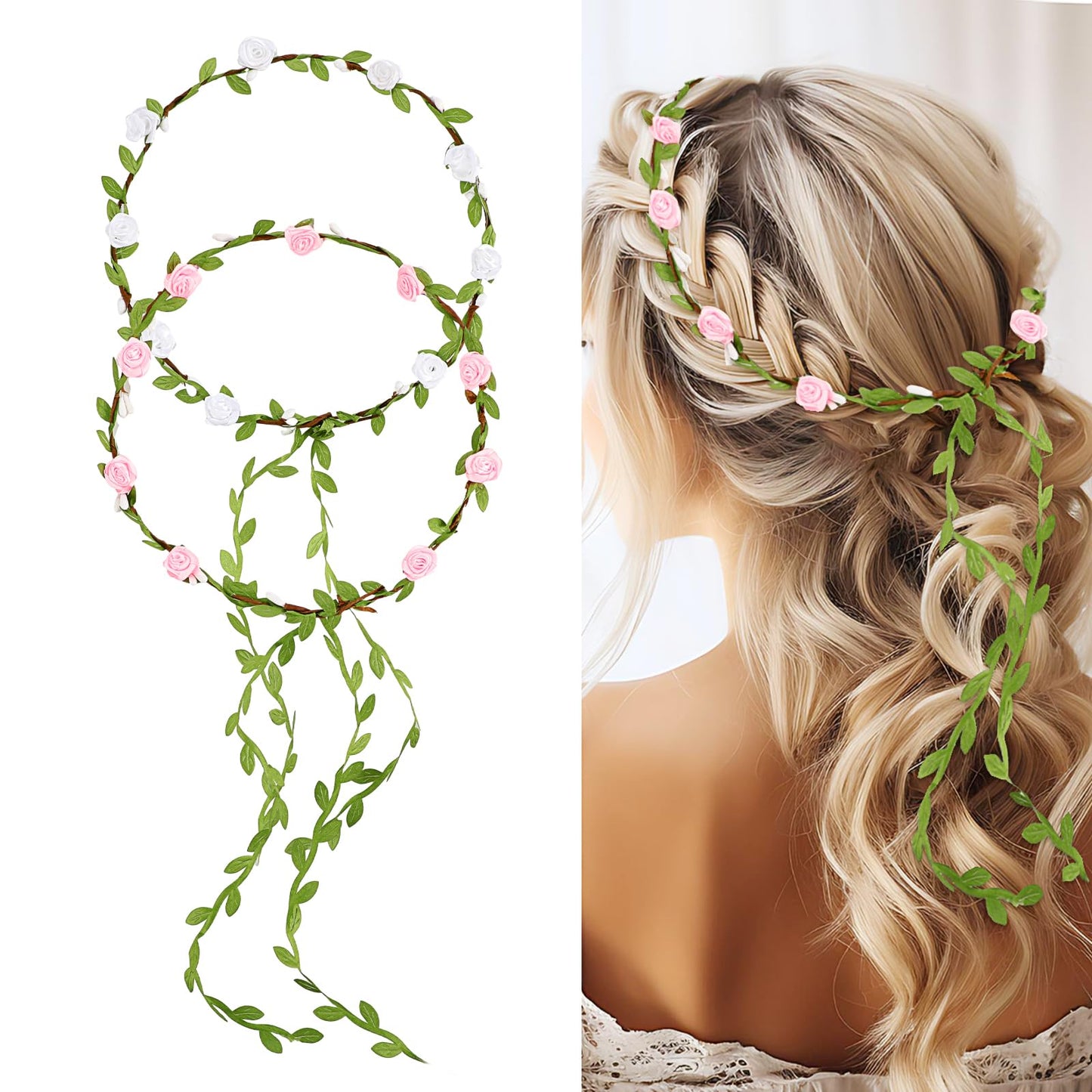 Andibro Flowers Crown Floral Garland,2pcs Headband Rose Flower Wreath Handmade Bohemian Style Headdress for Fun Day Out Bridal Headwear Party Festivals Hair Accessories (White+Pink)
