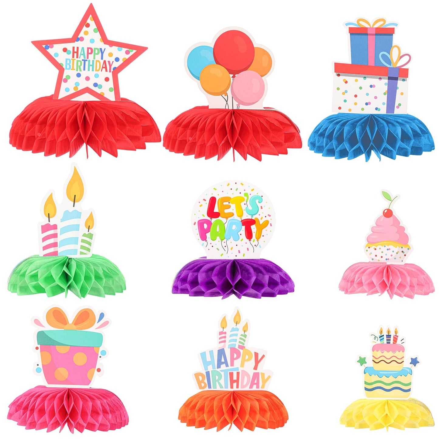 Amabro Colourful Happy Birthday Table Decoration, 9-Piece Honeycomb Set with Sugar Bees, Table Toppers and Ornaments for Birthday Party Party Supplies