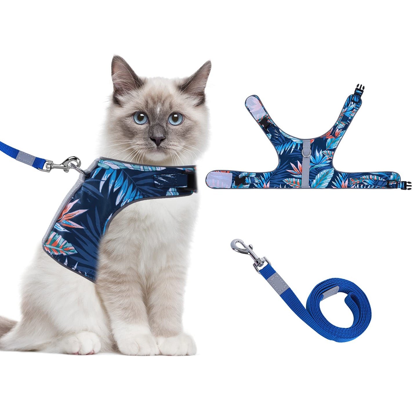 2 Pcs/Set Cat Dog Vest Harness and Leash Set,1 Dog Harness+1 Dog Rope Leash, Pet Step-in Vest Harness with Reflective Strip, Adjustable Soft Padded Dog Vest Leash for Small Dogs,Cats, Puppy, Blue, L
