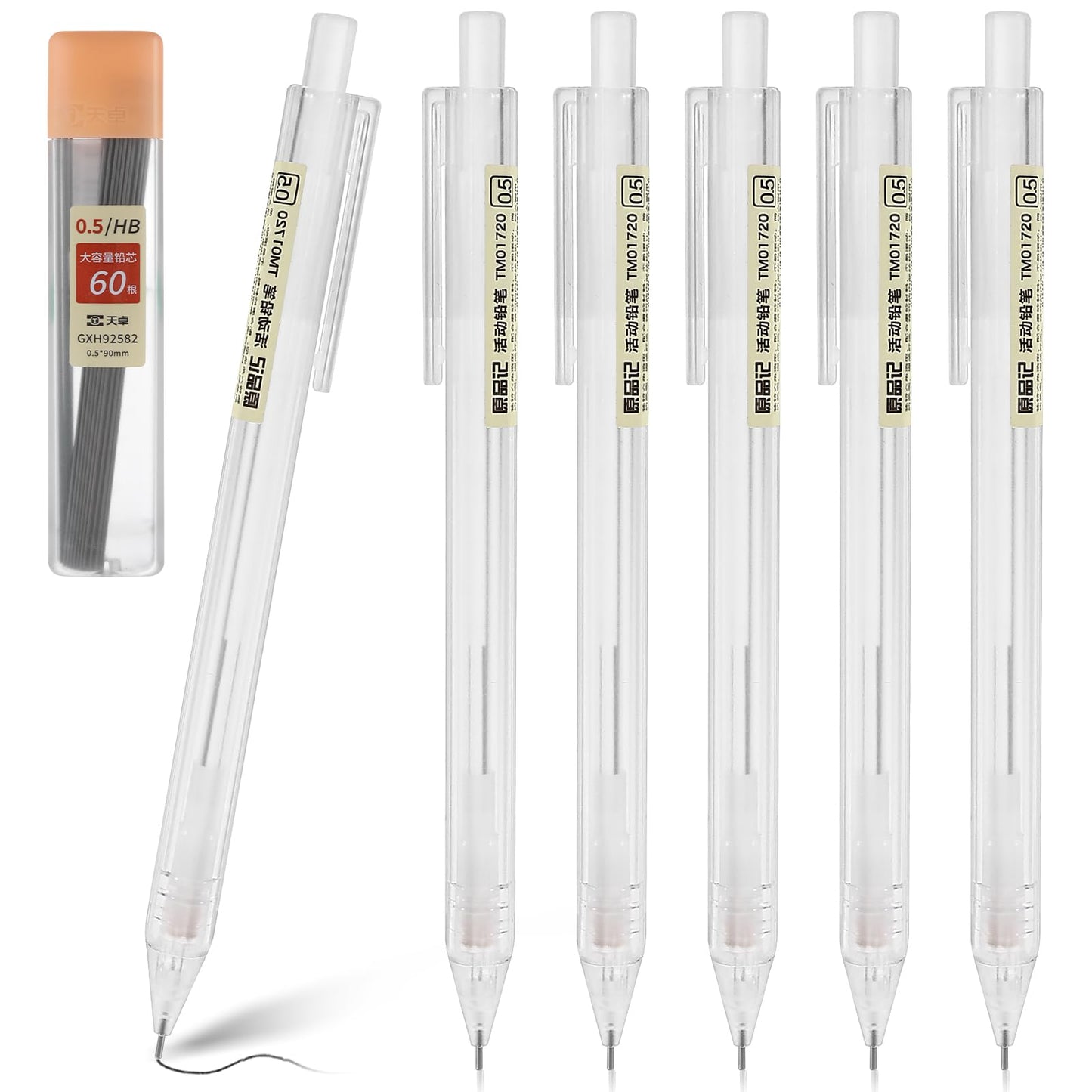 Bewudy 6PCS Mechanical Pencils with 60 PCS HB Refill, 0.5mm Transparent Pen Shell Pencils Novelty Retractable Pencil Aesthetic Artist Pencil Drafting Pencil for Drawing Sketching and Writing