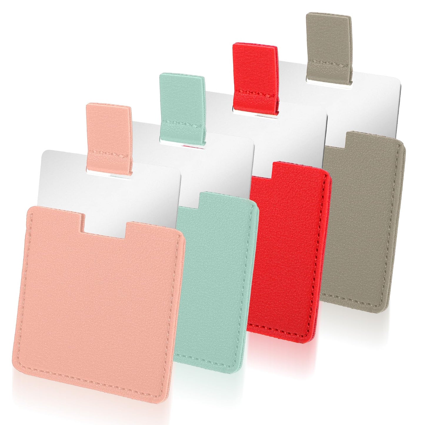 WJIAAA Pack of 4 Small Mirrors, Stainless Steel Mini Mirror with PU Protective Cover, 6.5 x 7 cm Cosmetic Mirror for Travel, Handbag & Make-Up (Ultra Thin, 4 Colours)
