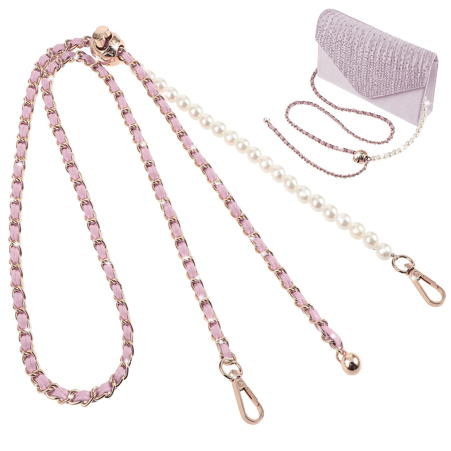 GEEHUA Thin Purse Chain Strap, 47.2in Adjustable Leather Strap with Gold Chain Imitation Pearl Crossbody Bag Chains Handbag Straps Bag DIY Decorative Chain for Shoulder Bag Wallet Clutch(Purple)