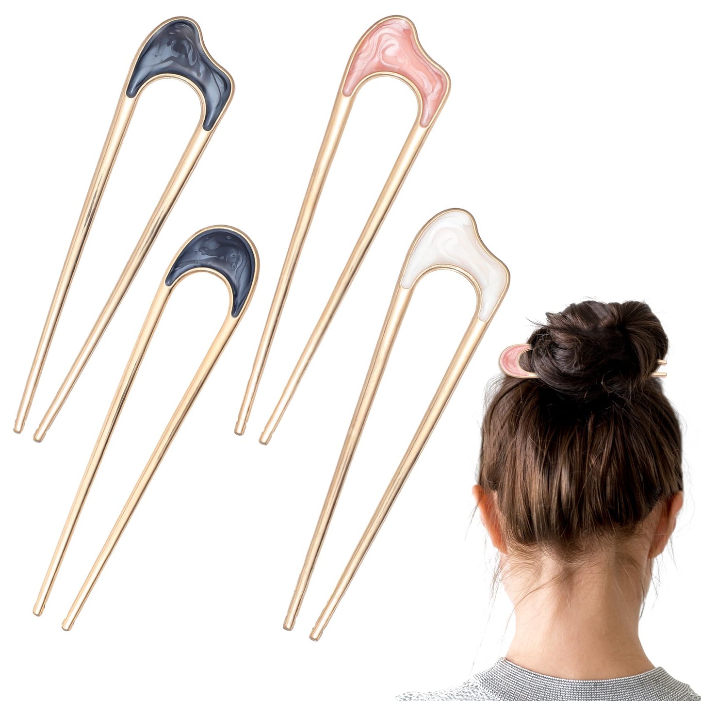 Yuanchu 4 Pcs U Shaped Hairpins, Metal French U Shaped Hairpin Large French Hair Pins Vintage Hair Sticks Hair Fork Pins Elegant Hair Chopsticks for Long Hair