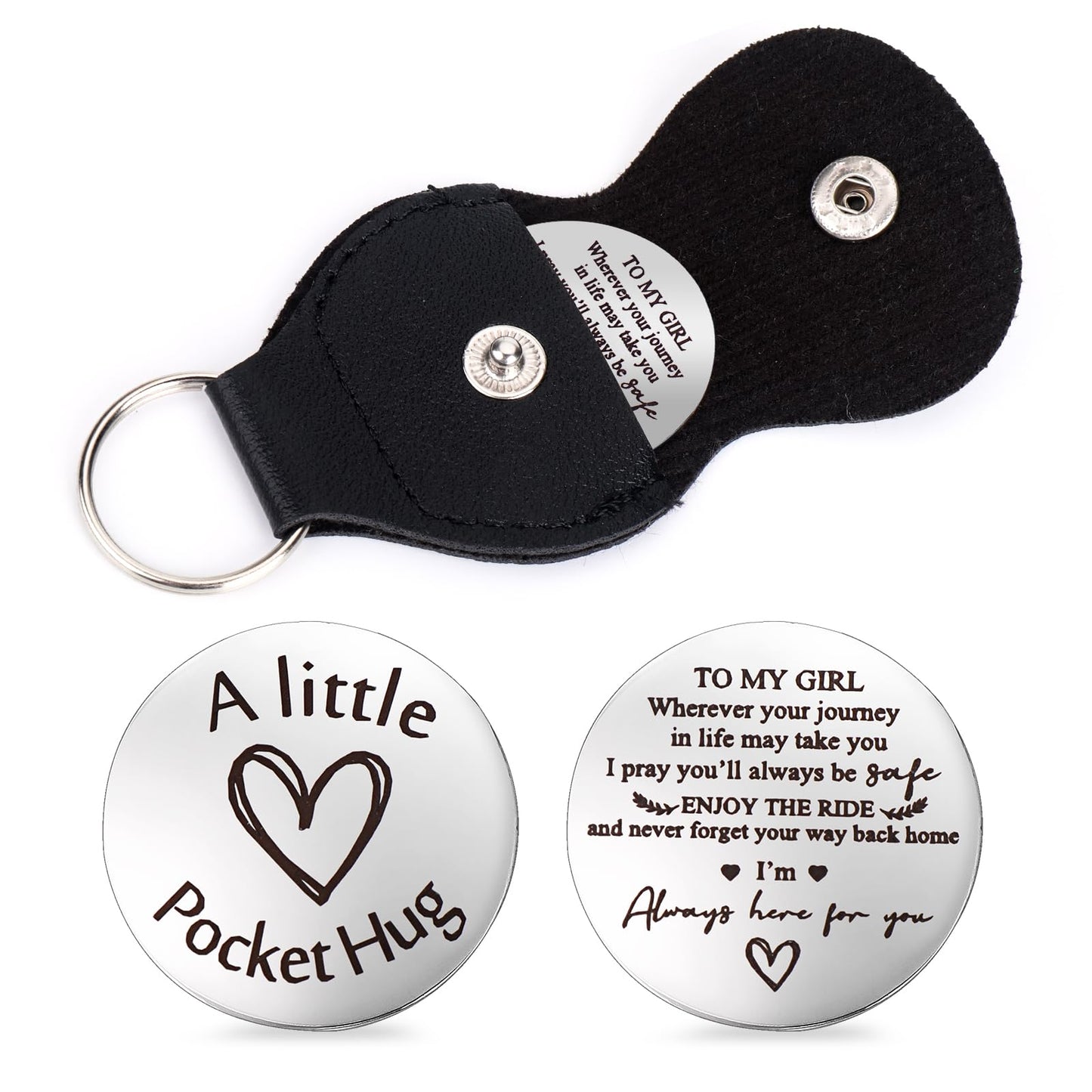 Amabro Pocket Hug Token Long Distance Relationship Keepsake Gifts Double Sided Engraved Keepsake with Leather Keychain for Women Man(Style D)