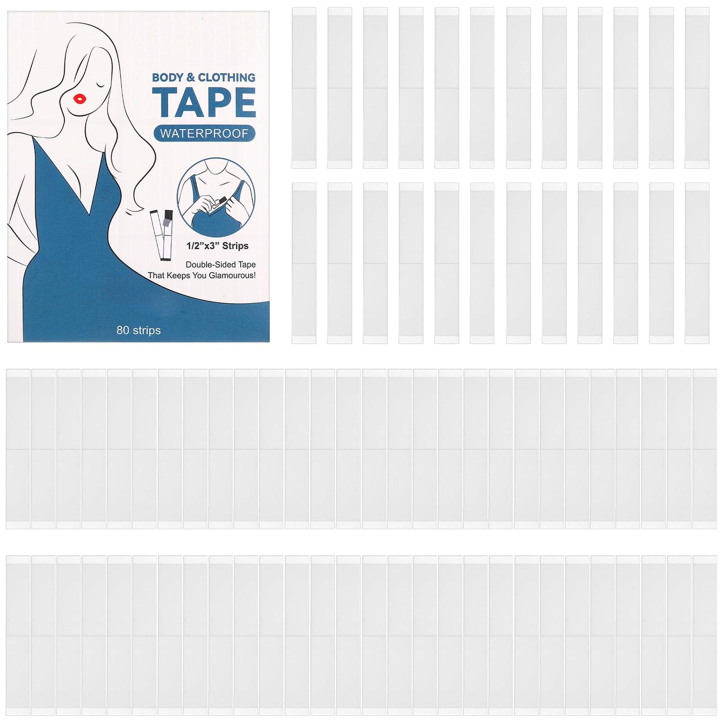 cobee Double Sided Body Tapes, 80 Strips Clothing Tape for Fashion Clothes Invisible Fabric Tape Strength Adhesive Transparent Fashion Tape for Fashion Hem Tape Clothing Tape Women Men All Skin White