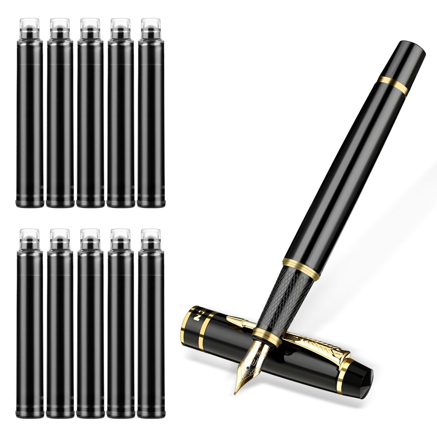 GEEHUA Luxury Fountain Pen Set, Smooth Writing Fine Nib Pen Black Metal Fountain Pen with Ink Refill Converter 10 Black Ink Cartridges Business Nice Pen for Office Men Women