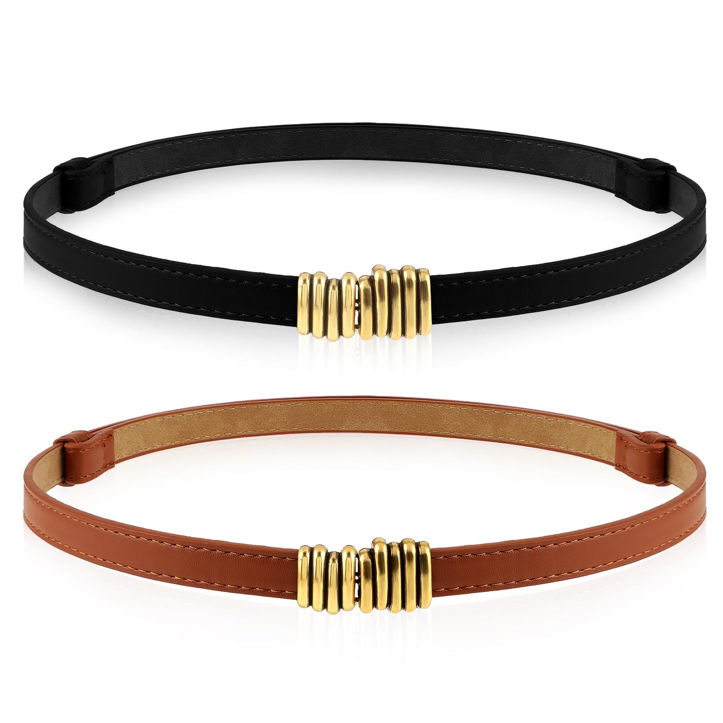 Giantree 2 Pcs Women Skinny Leather Belts, Adjustable Ladies Thin Waist Belt for Dresses Jeans Pants with Gold Buckle(Black+Brown)