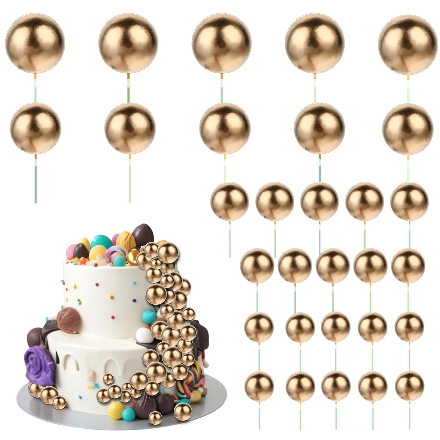 Molain 30 Pcs Balls Cake Topper Balloons Cupcake Topper DIY Cake Insert Topper 5 Sizes Foam Cake Balls Baking Decoration for Wedding Anniversary Birthday Cake Decorations(Gold)