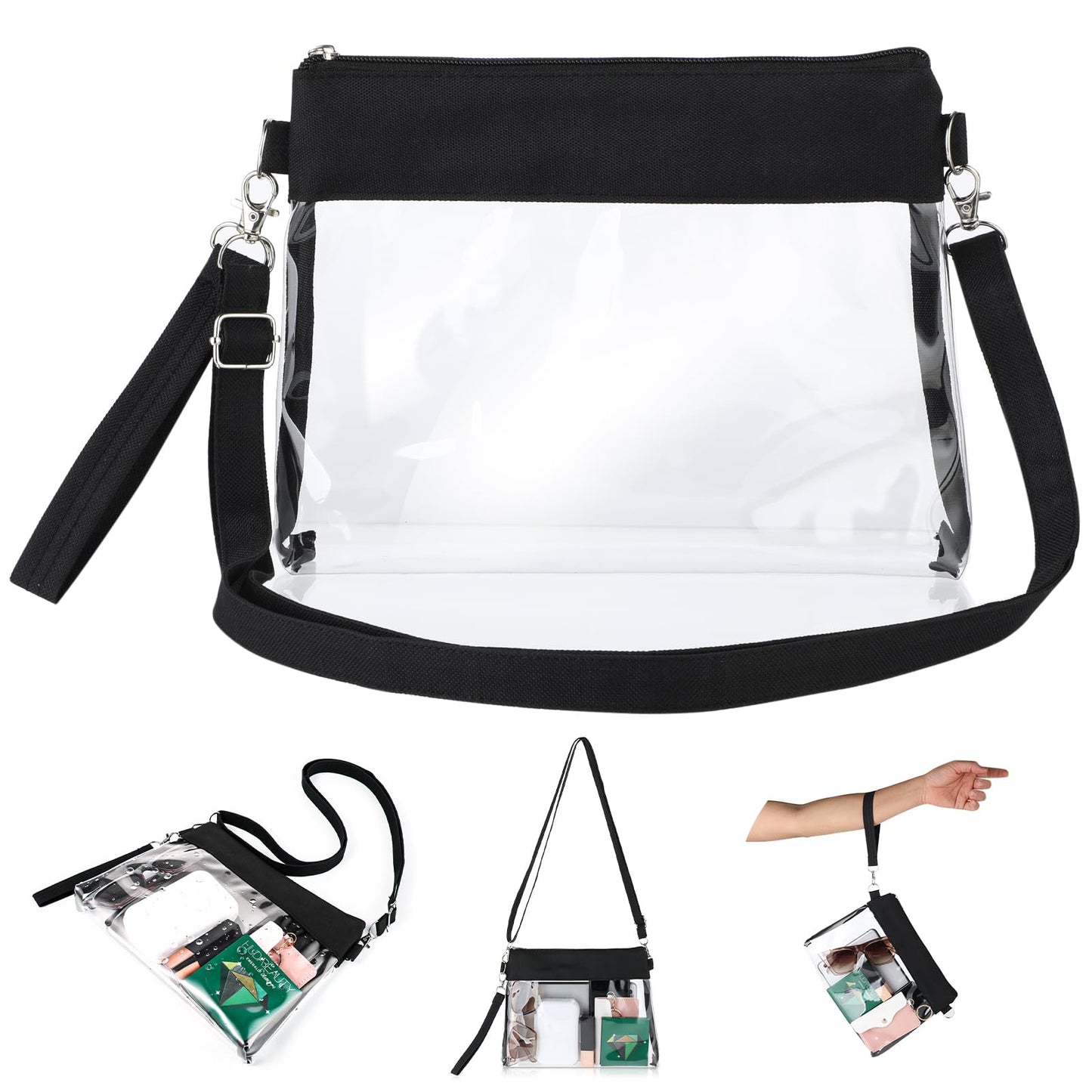 cobee Clear PVC Crossbody Makeup Bag, PU Leather Travel Cosmetic Sling Bag Zipper Flat Pouch with Detachable Wristlet Shoulder Strap Portable Toiletry Bag Tote Bag, Stadium Approved for Concerts, Prom