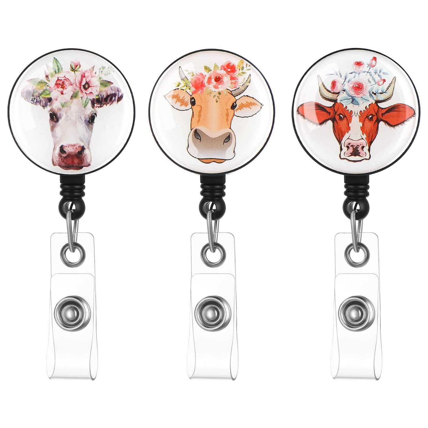 cobee Cow Badge Reels, 3 Pieces Cute Retractable Badge Holder Nurse Badge Reel Funny Cow Badge Reel Name ID Badge Holders with Swivel Alligator Clip, ID Badge Clip, Office Employee Name Tag