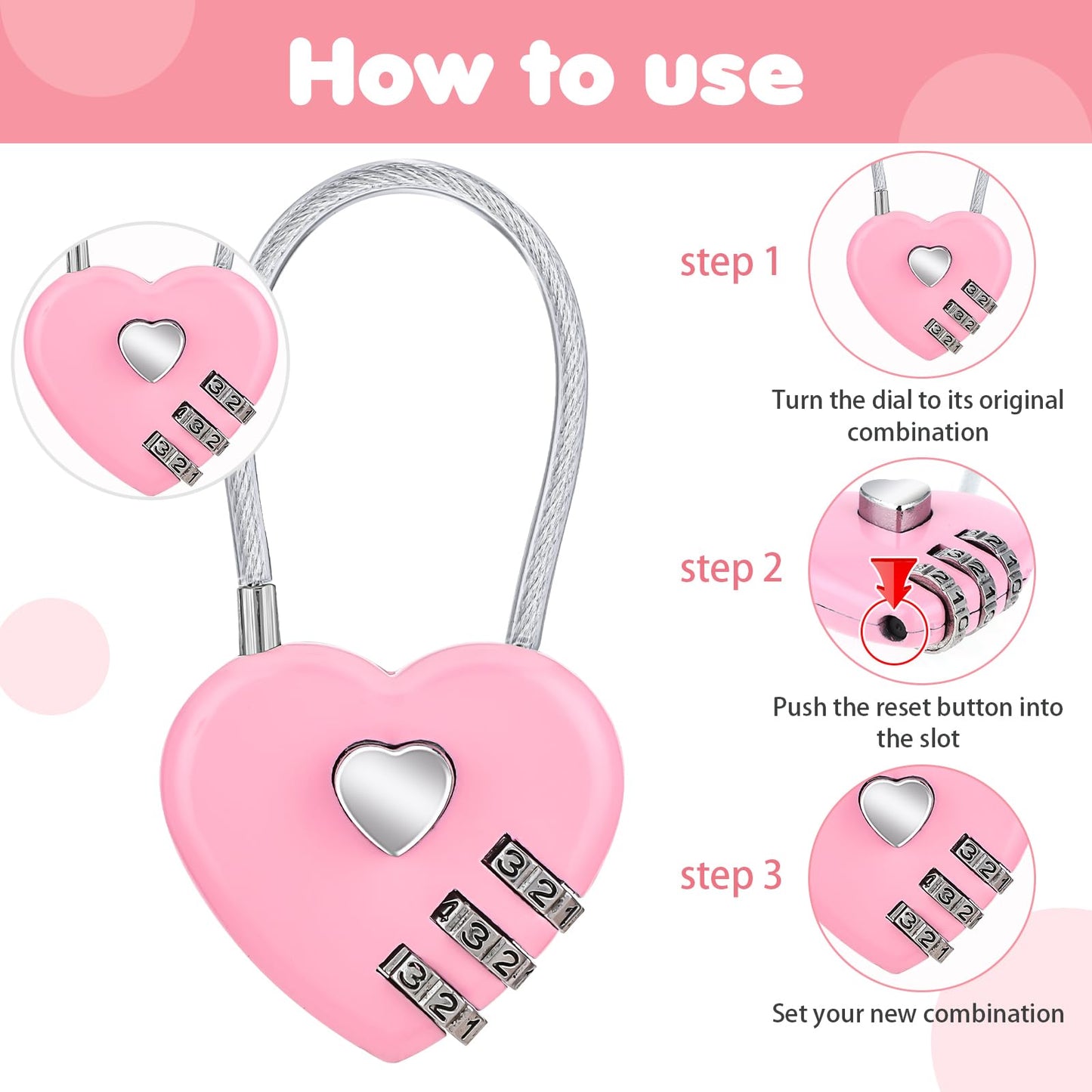 Andibro 3 Pcs Heart Combination Locks, Pink Suitcase Lock, Cute Locker Code Lock Mini Heart-Shaped Cable Padlock Small Steel Wire Rope Waterproof Locks for Travel Bags Backpacks(Original Code:0-0-0)