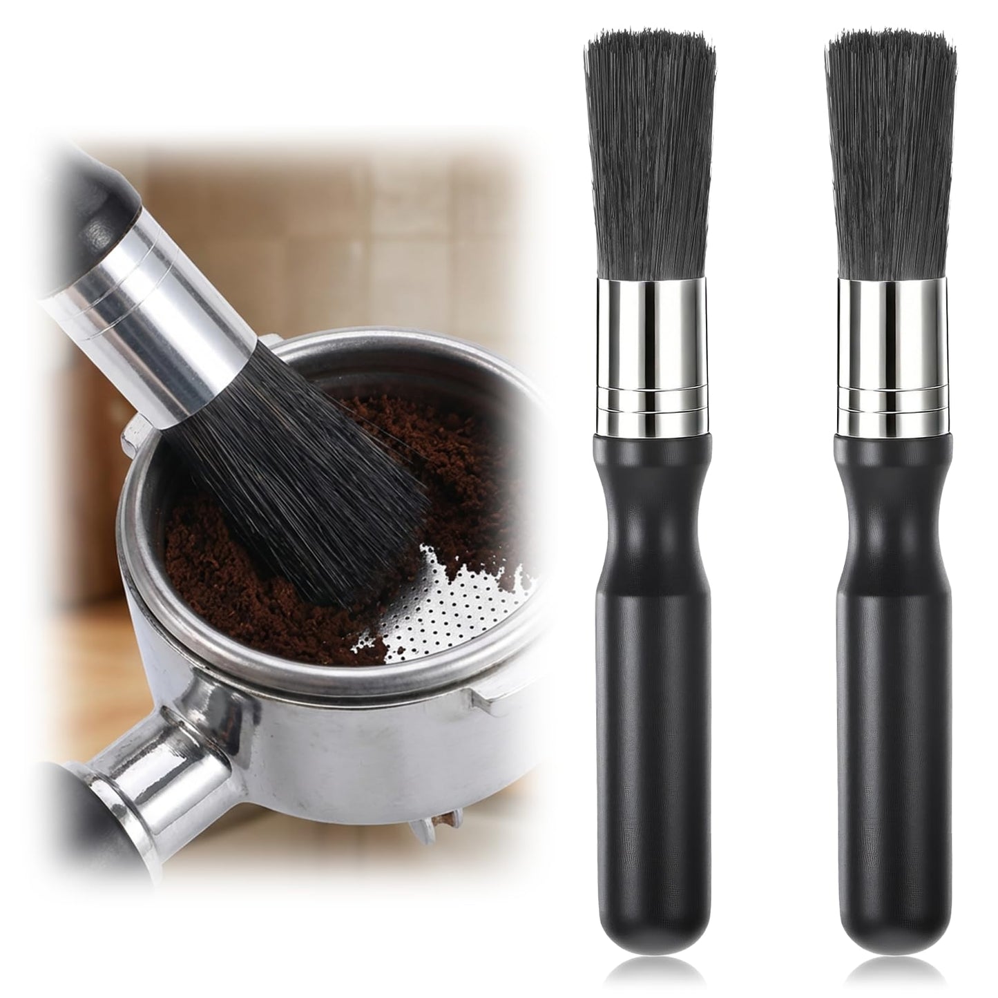 SULIKJHUI 2 Pcs Coffee Brush for Espresso Machines, Bamboo & Aluminium Portafilter Cleaner with Nylon Bristles (Black)