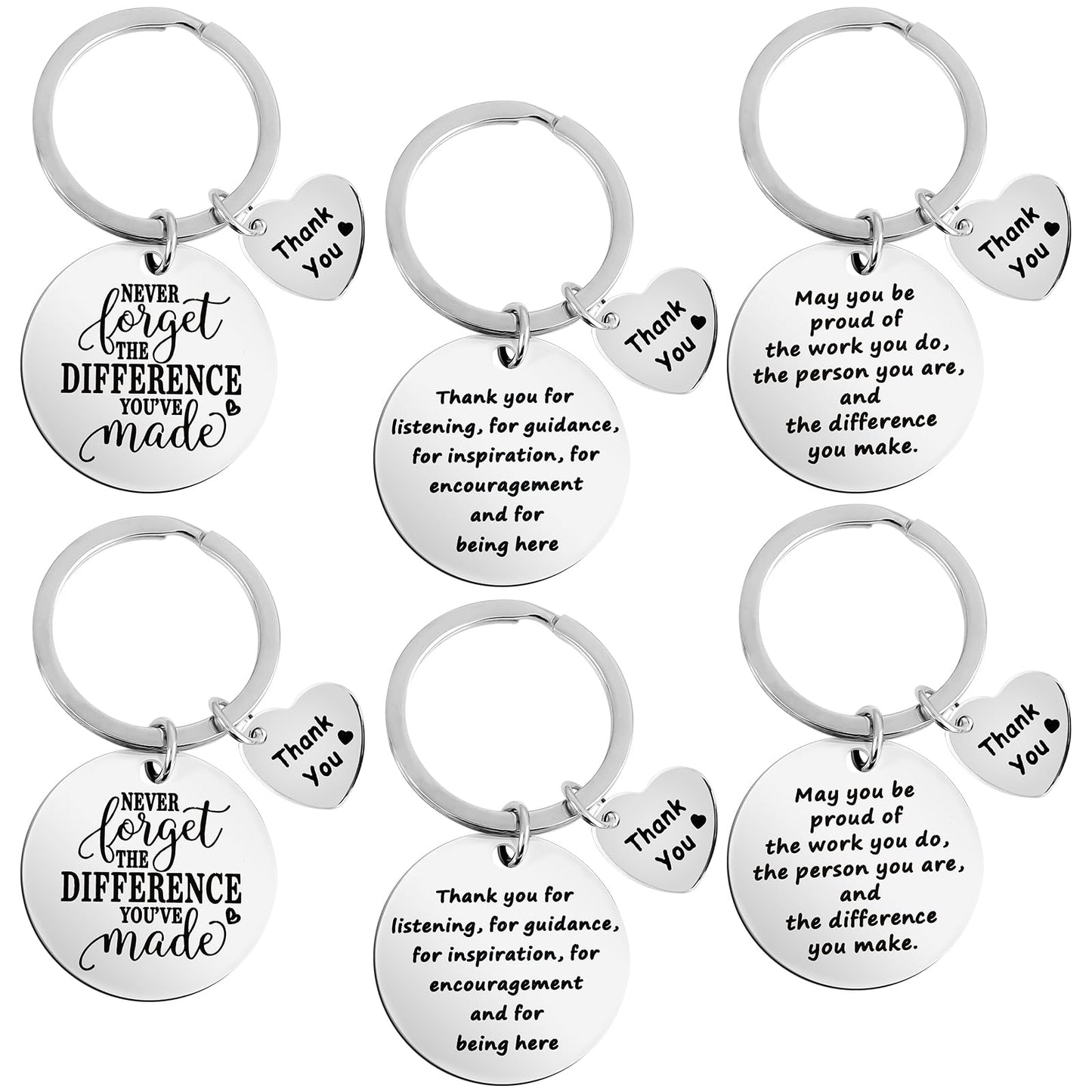 AOZUO 6Pcs Thank You Keychain, Appreciation Gifts Thankful Keychains with Heart Pendant Inspirational Keyrings Encouragement Presents for Team Coworker Nurse Teacher Employee