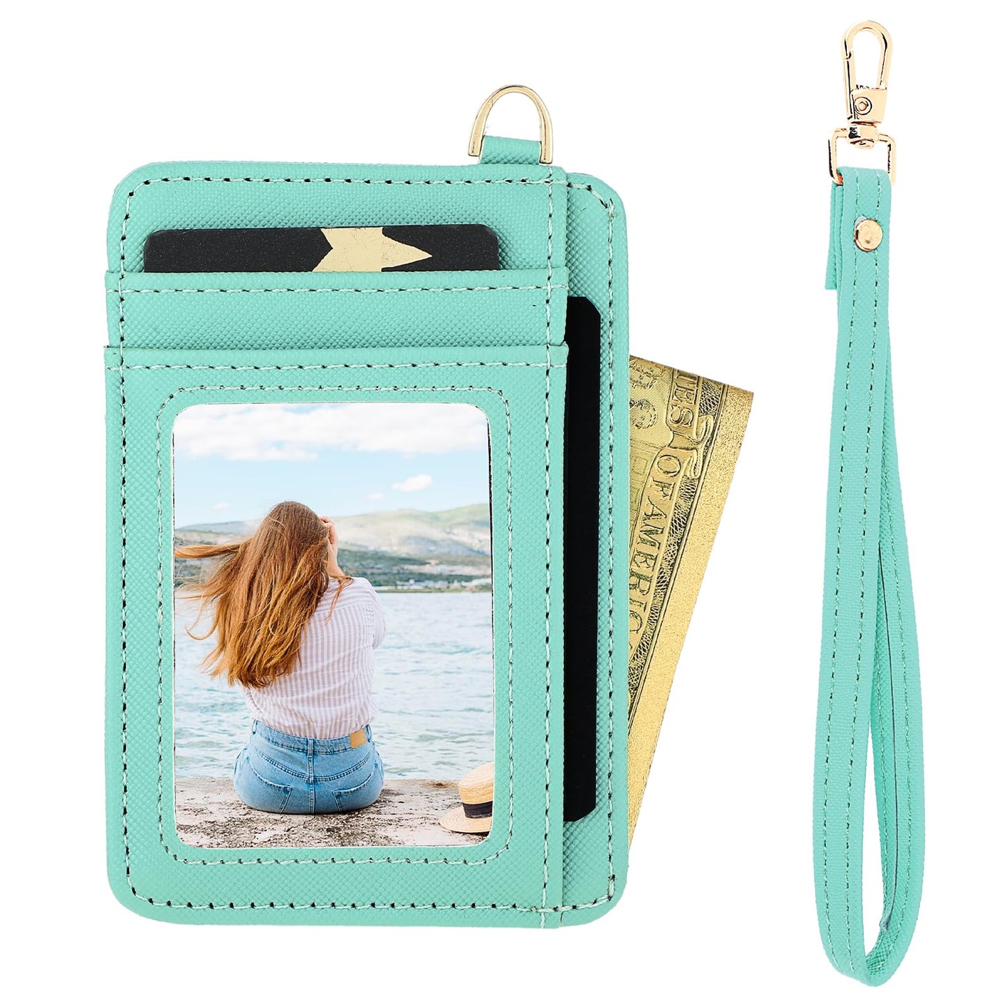 Giantree Slim Minimalist Front Pocket Wallet, Slim Wallet Credit Card Holder with ID Window D-Shackle Keychain Removable Lanyard Strap for Women and Men(Green)
