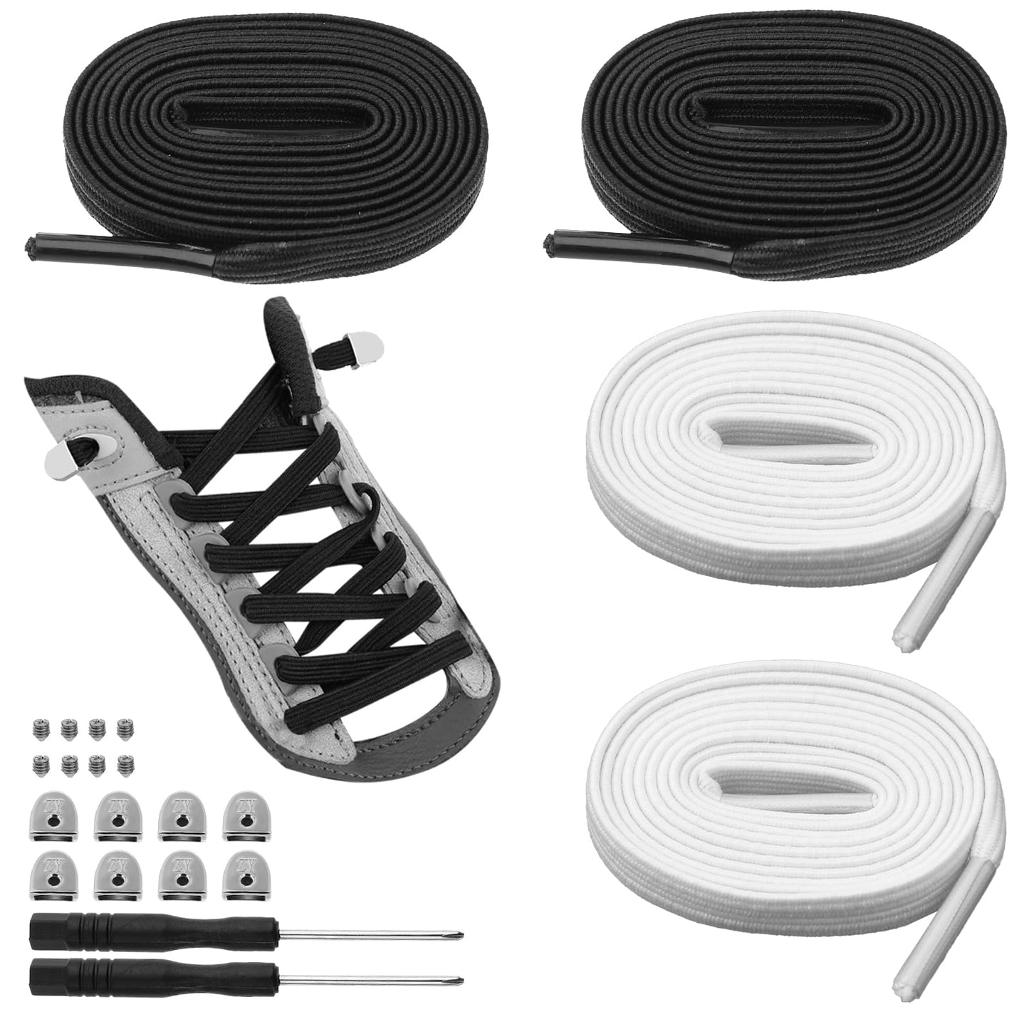 TIESOME 2 Pairs Elastic No Tie Shoelaces For Kids and Adults, Elastic Tieless Shoelaces for Sneakers Elastic No Tie Shoe Laces Tieless Flat(Black+White)