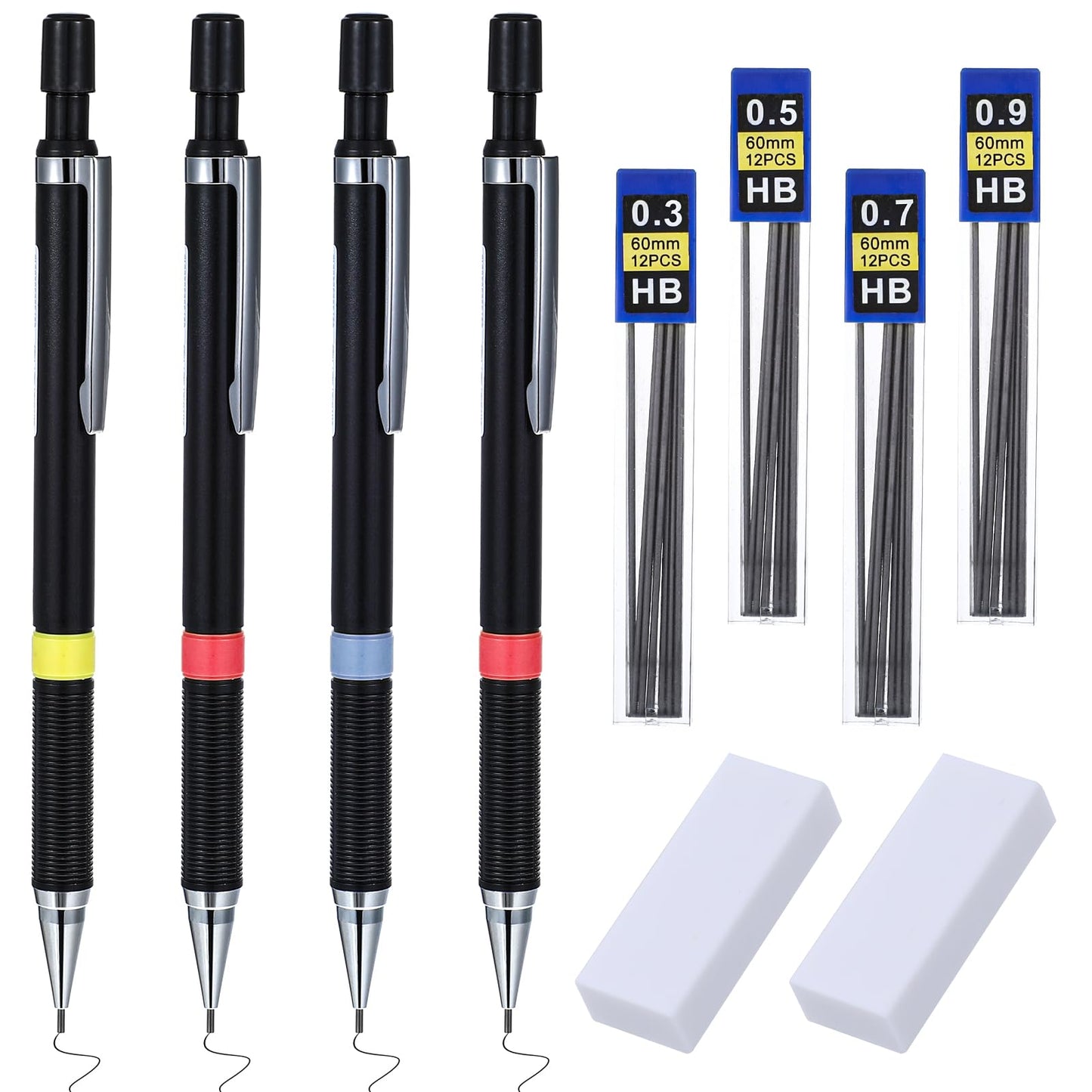 Yuanchu Combination Mechanical Pencil 0.3/0.5/0.7/0.9mm 48pcs HB Pencil Leads Set 2 Erasers 4 Pencils for Students Writing Drawing Sketching Set of 10