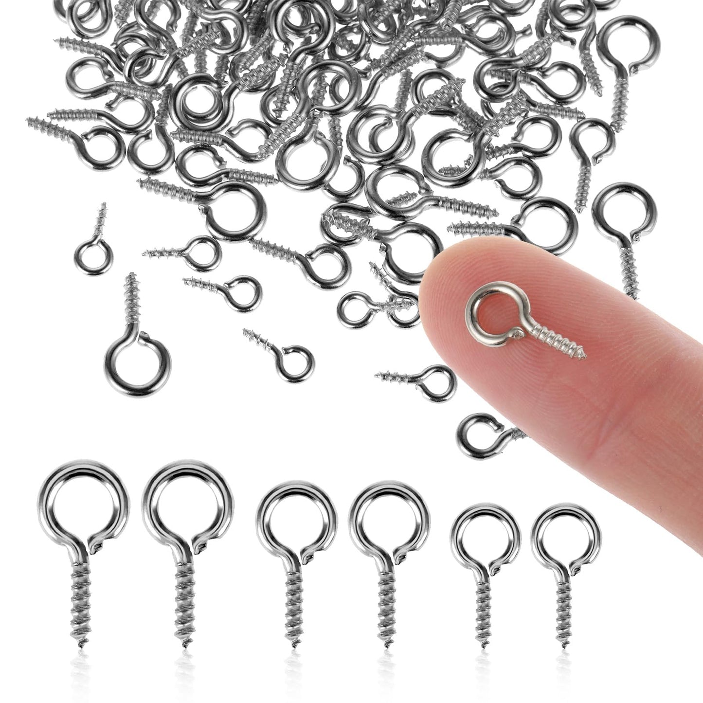 TIESOME Small Screw Eye Pins, 300 PCS Silver Small Metal Eye Pins Hooks Eyelet Screws Peg Mini Self Tapping Screw Threaded Clasps Hooks for Jewellery Making DIY Craft Hanging Ornament 3 Sizes