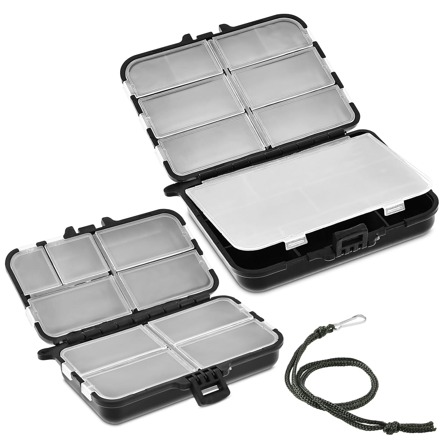 cobee Fishing Tackle Box, 2PCS Portable Tackle Box Organizer 9 Grids Mini Tackle Box with Lanyards Fish Tackle Tray Box Lure Baits Storage Containers Utility Boxes for Fishing(Black)