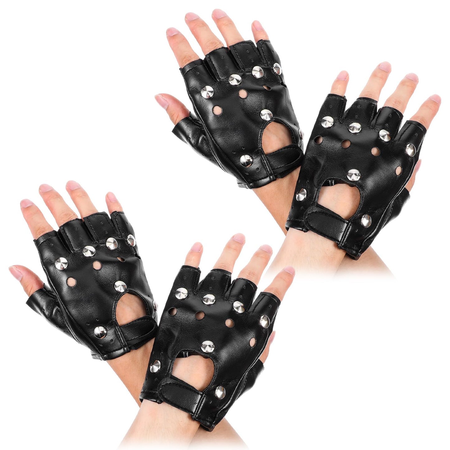 XLIUAX 2 Pairs Punk Rivet Gloves, Fingerless Gothic Gloves, Half Finger PU Leather Biker Rocker Leather Gloves for Cosplay Theme Party Carnival Costume Accessories