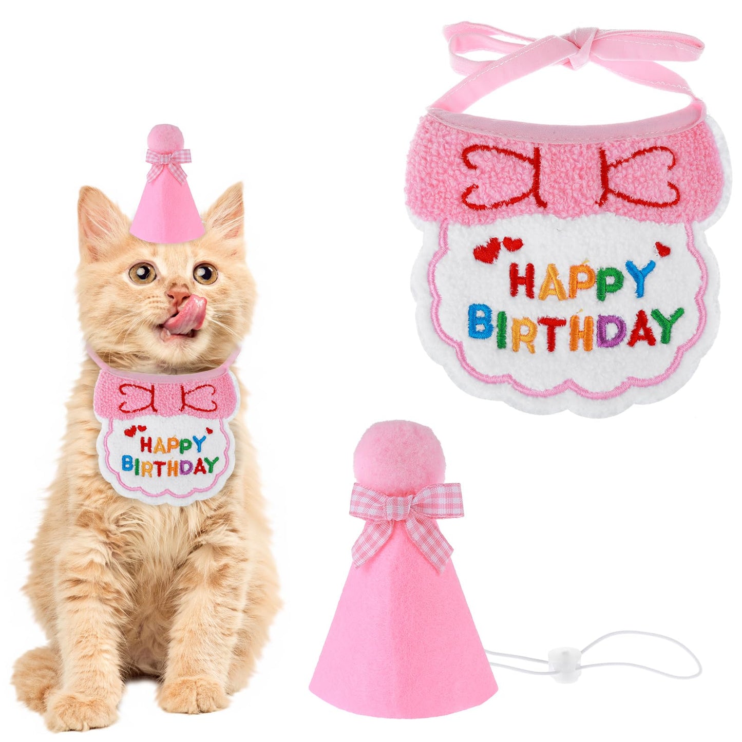 Yuanchu Cat Birthday Hat and Bib, Cat Birthday Party Bandana Outfit Cute Cat Pet Hat Scarf Decoration Set Lovely Cat Hat and Bid Outfit for Cat Puppy Kitten Birthday Party Decorations(Pink)