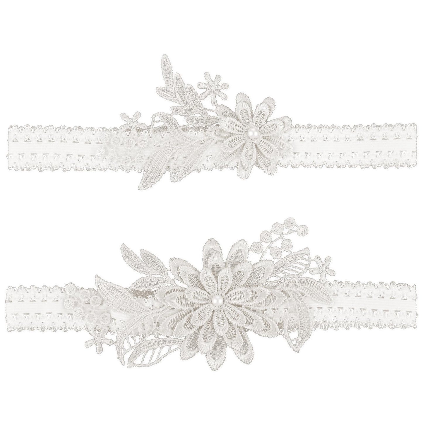 Amabro Wedding Elastic Garter, 2PCS Lace Floral Bride Garter with Pearls Stretchy Bridal Leg Garter Daisy Flower Garter Band Bridal Accessories for Women Girls Party Prom(White)