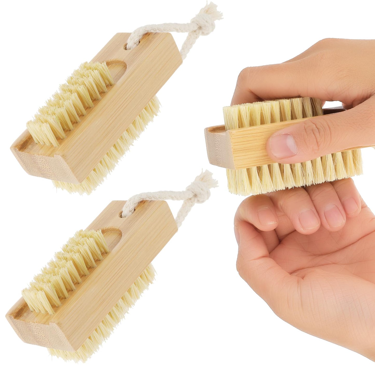 Amabro 2PCS Wood Nail Brush for Cleaning, Nail Scrub Brush for Fingernail Toenail Two-sided Hand Nail Scrubber Bamboo Brush with Sisal Bristles Hanging Rope for Gardeners Salon Manicure Pedicure