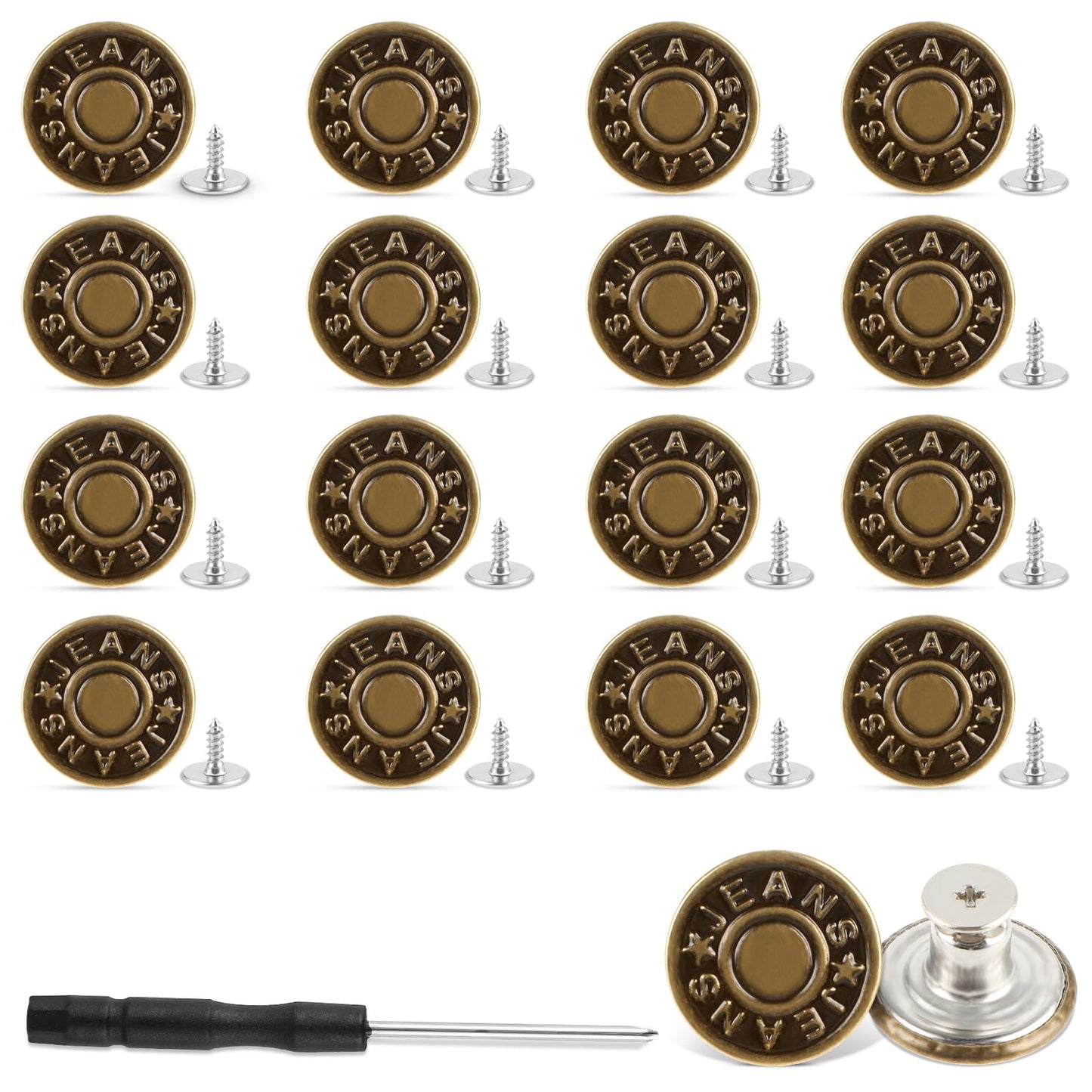Amaxiu 16 PCS Jeans Buttons, No Sew Jean Button Replacement with Screwdriver Reusable Pants Button Tightener for Waist Buttons for Loose Jeans Trousers Adjustable Button Pins(17mm)