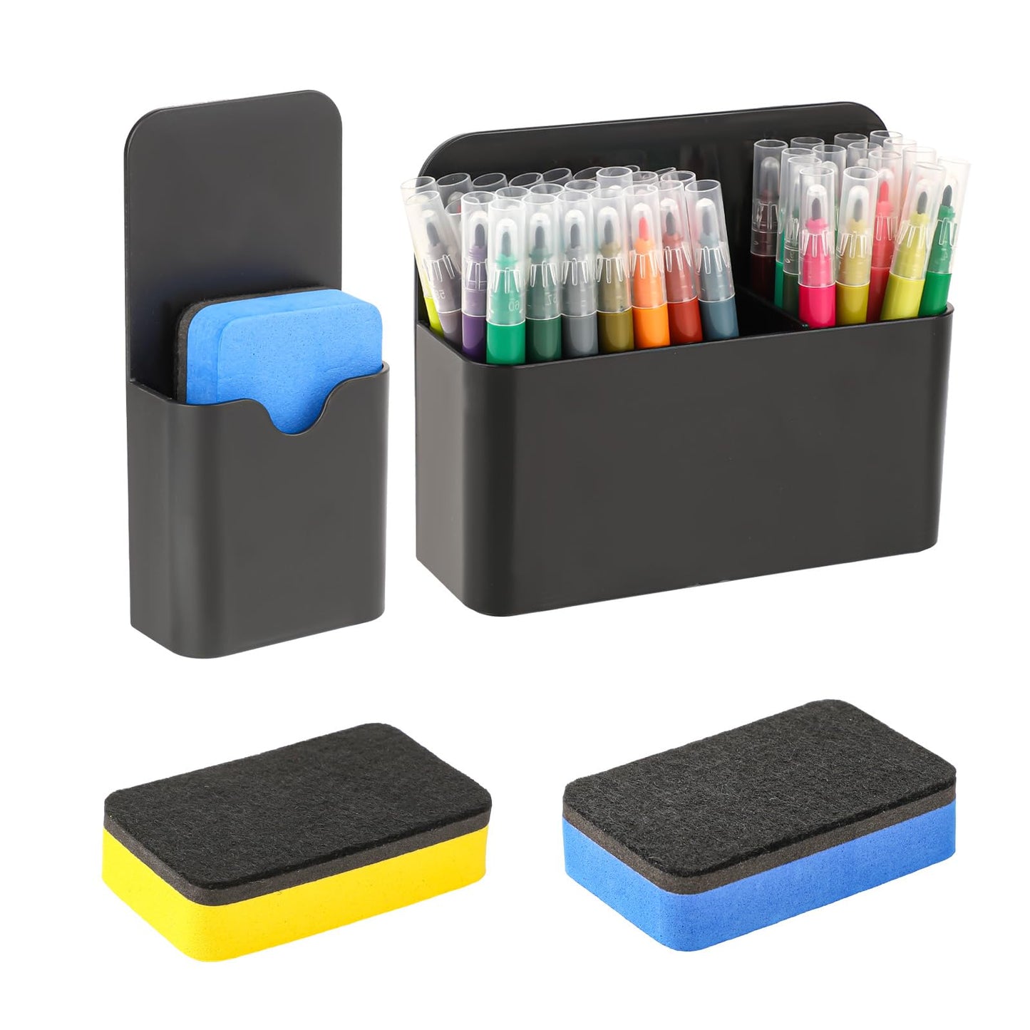 Jeffdad 2 Pcs Magnetic Pen Holder with Magnetic Blackboard Erase, Magnetic Dry Erase Whiteboard Marker Holder, White Magnetic Wall Pen Holder For Whiteboard Fridge Refrigerator Office Home(Black)