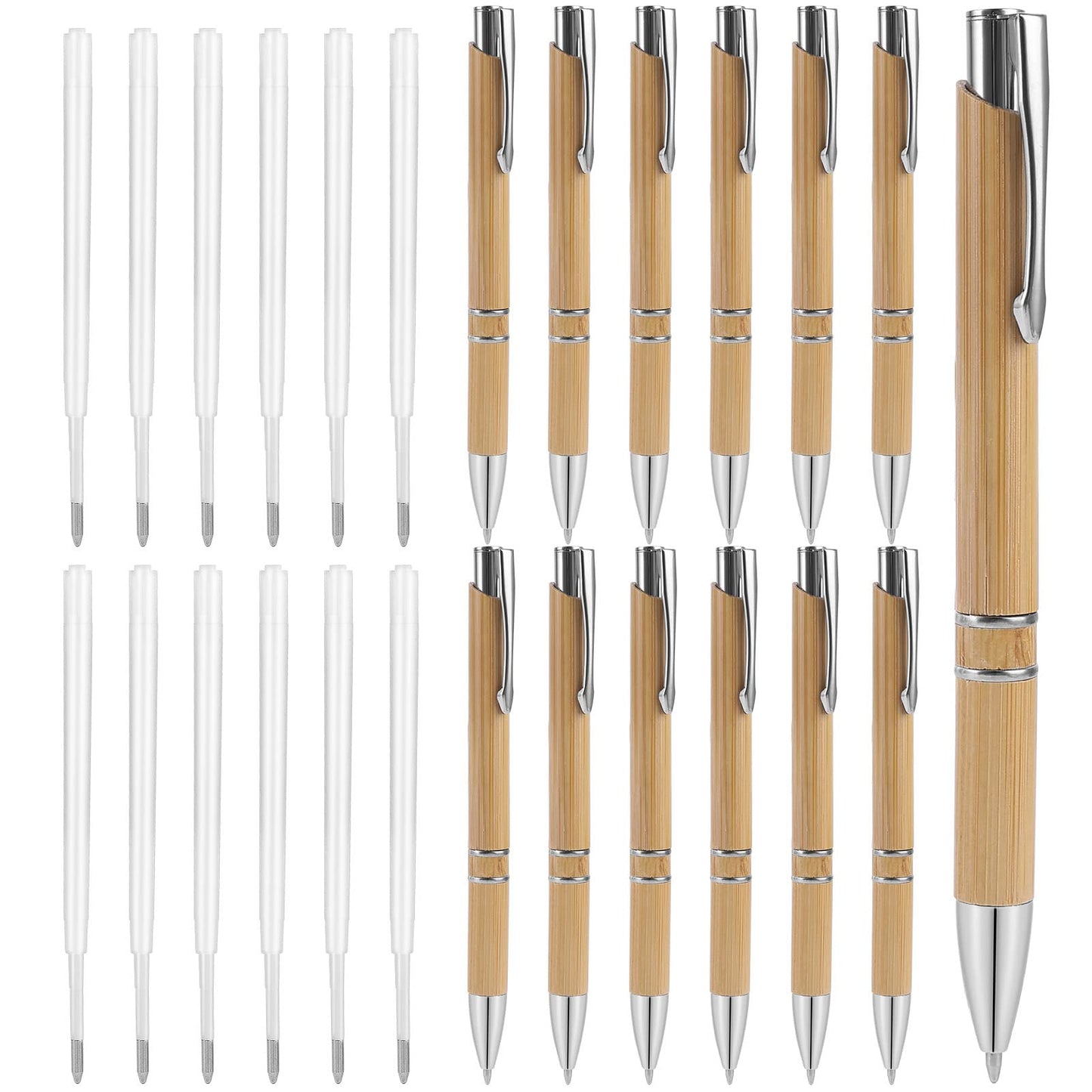 cobee Bamboo Ballpoint Pen and Refills Set, 12 PCS 1.0mm Bamboo Pens with 12 PCS Black Ink Refills Natural Sustainable Retractable Ball Point Pens Rollerball Pen School Office Supplies
