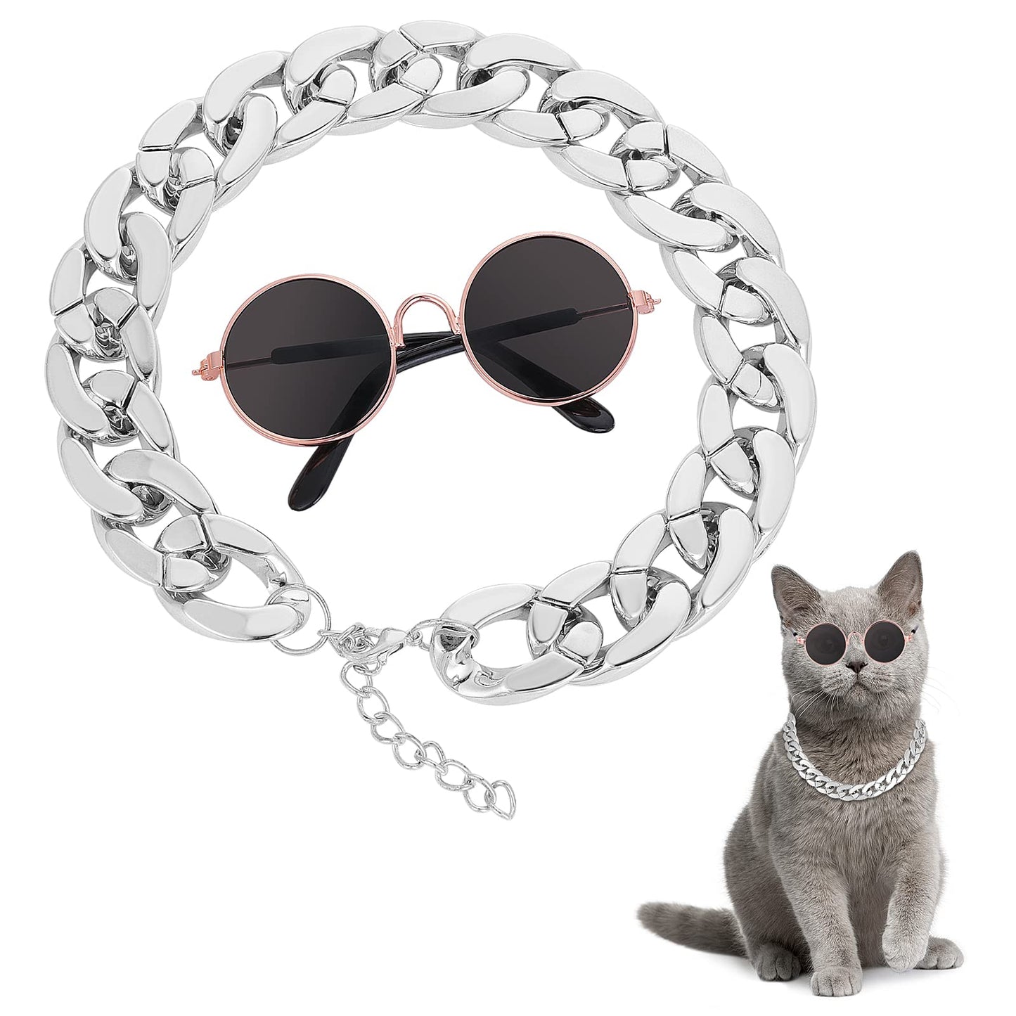 Molain Cat Sunglasses Gold Chain Costume Decorations- Cat UV Protection Classic Retro Puppy Retro Black Sunglasses Faux Silver Adjustable Chain Cosplay Costume Cool Funny Photo Props