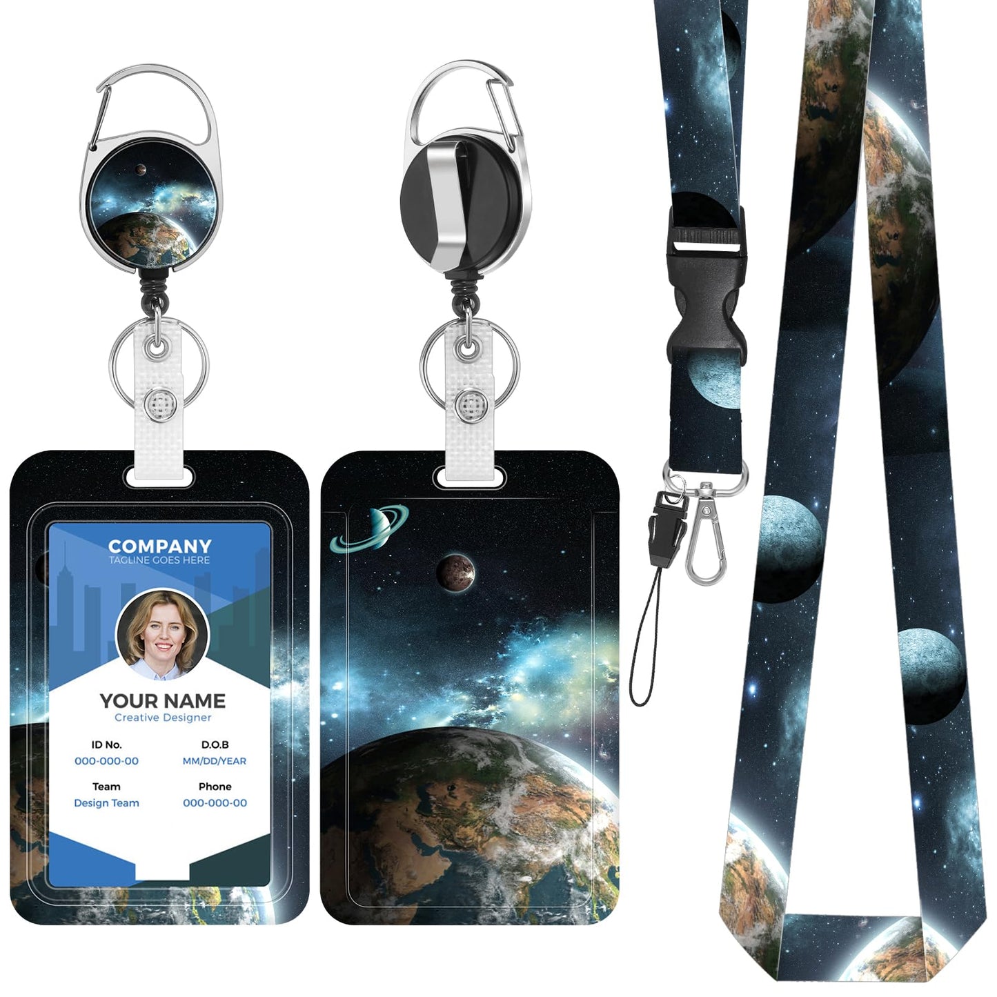 TIESOME Retractable Starry Sky Badge Holders, Planet Teacher Badge Reel with Detachable Lanyard Fashionable ID Card Holder Heavy Duty Credit Card Protector with Carabiner Clip for Nurse Teacher