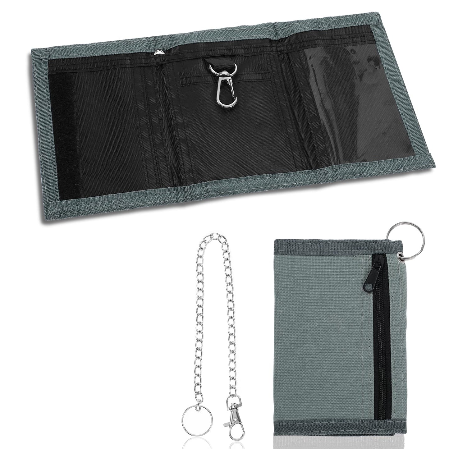 Yuanchu Slim Boys Trifold Wallets, Oxford Slim Boys Wallet with Chain Clip Zipper Wallet for Currency Coins Bank Cards Key Purse for Travel Sports for Kids Boys Teen Men(Grey)